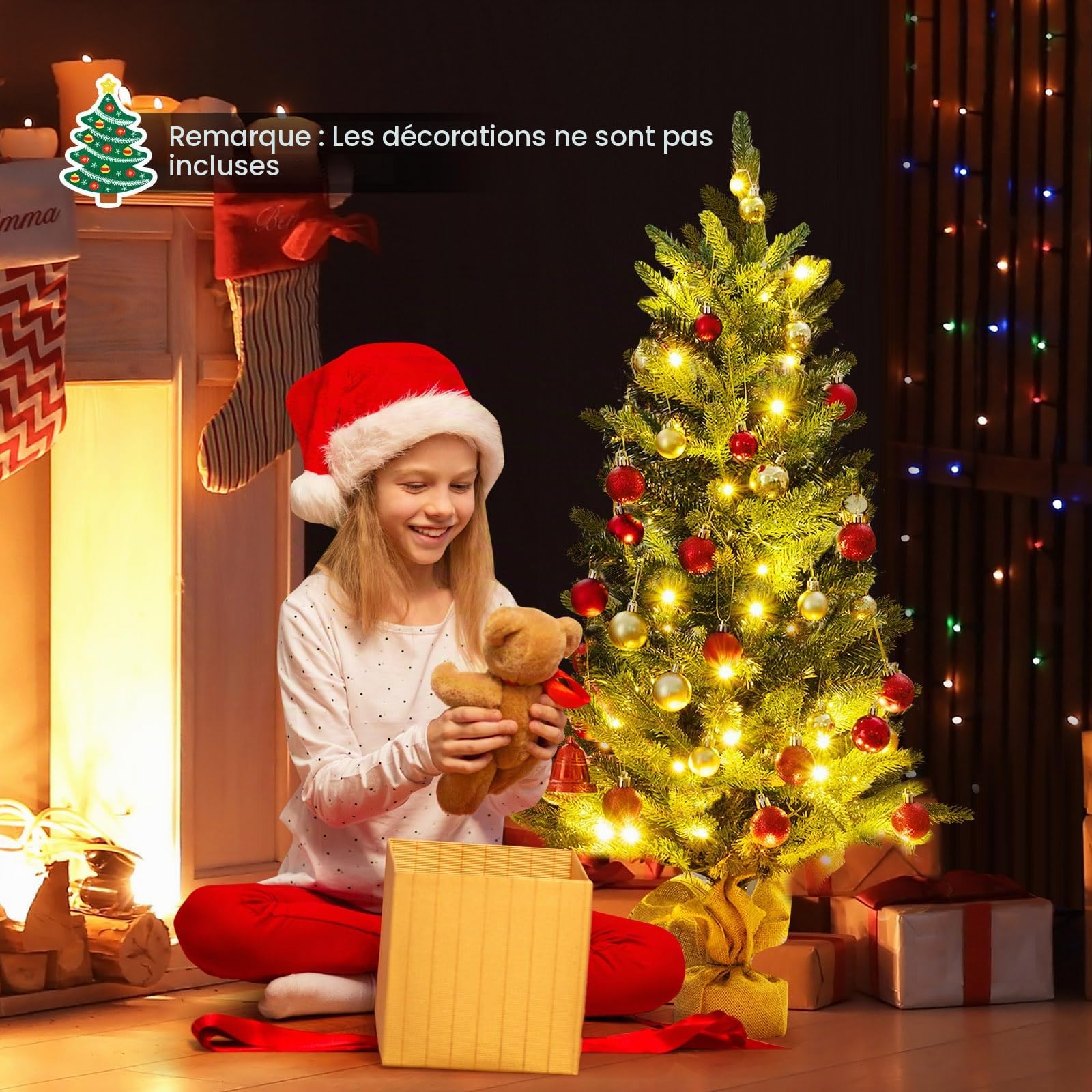 FANTASK Mini Sapin de Noël avec éclairage, Petit Sapin de Noël Artificiel, Sapin de Noël avec 50 lumières LED Blanches Chaudes et minuterie, Sapin de Table pour décoration de Noël, 90 cm