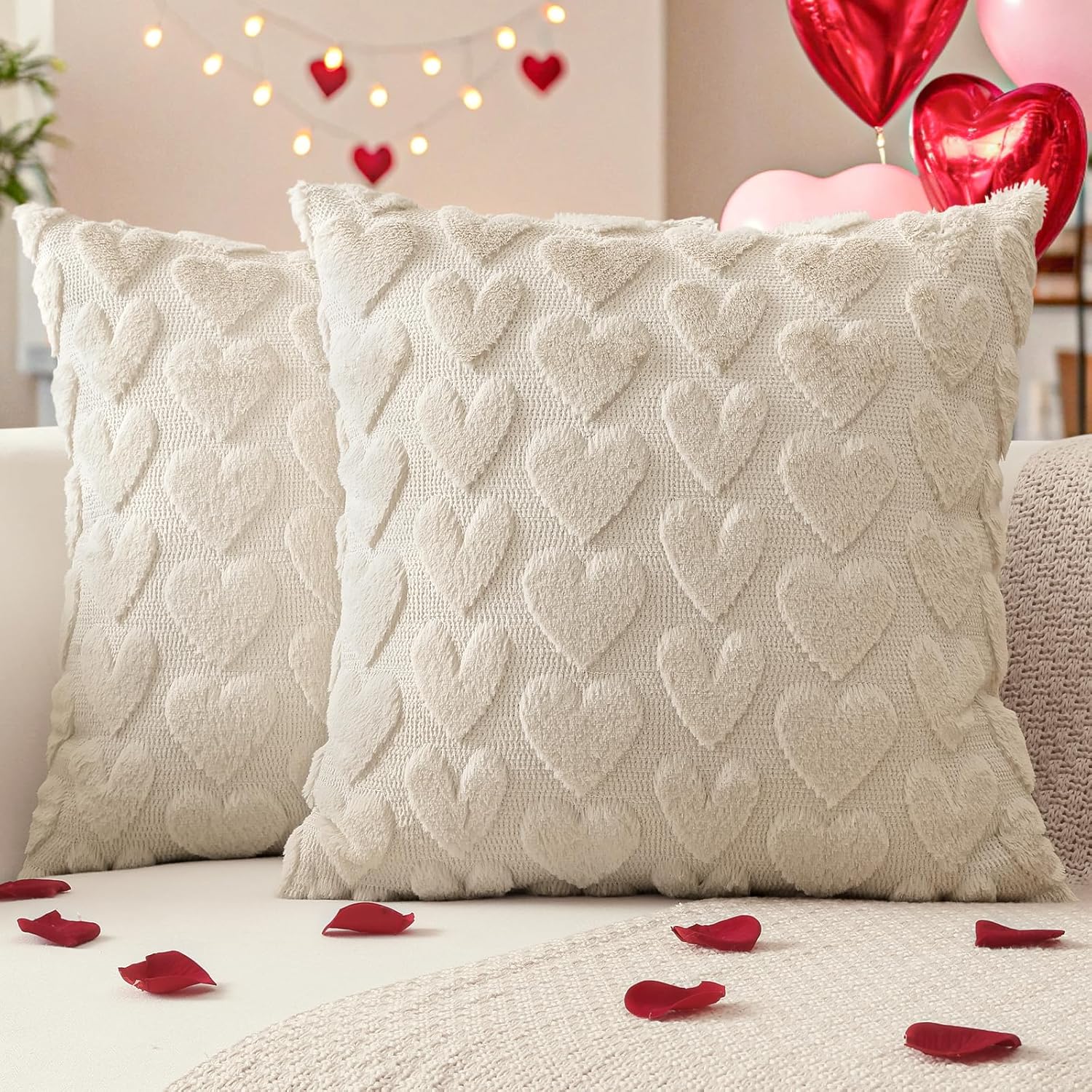 OTOSTAR Valentines Throw Pillow Covers Set of 2 Love Heart Cushion Covers for Sofa 24x24 Inch Square Romantic Soft Plush Short Wool Velvet Pillowcase Holiday Festivals Decor Cream Beige