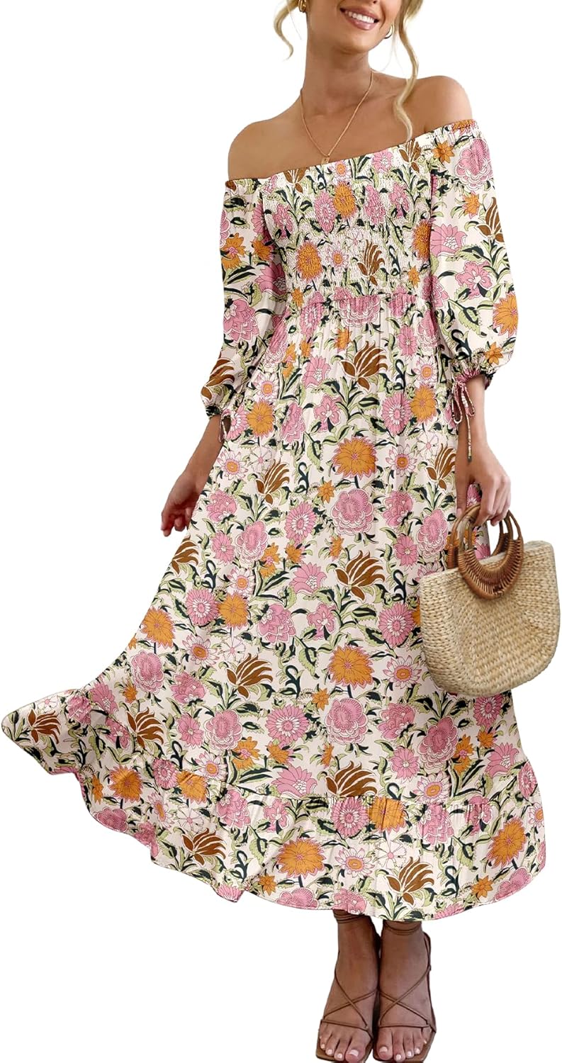 Women Boho Maxi Dresses Summer 2026 Puff Sleeve Square Neck Smocked Aline Casual Ruffle Tiered Flowy Beach Long Dress Pocket - Image 2