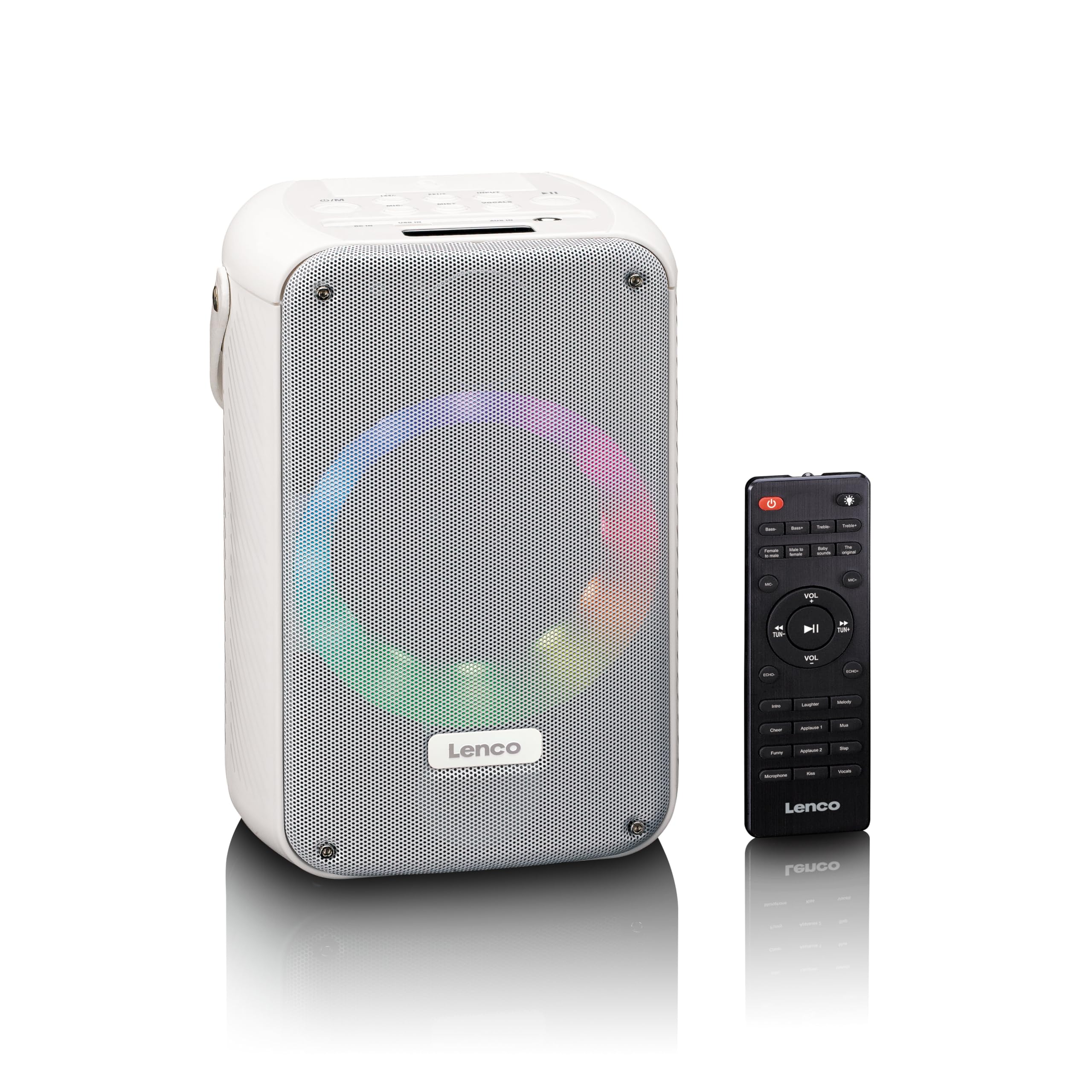 Lenco BTC-060 przenośna maszyna do karaoke, Bluetooth 5,2 – 20 W, RMS – 2 głośniki – mikrofon – pilot zdalnego sterowania – wbudowany akumulator – efekty świetlne – kolor biały