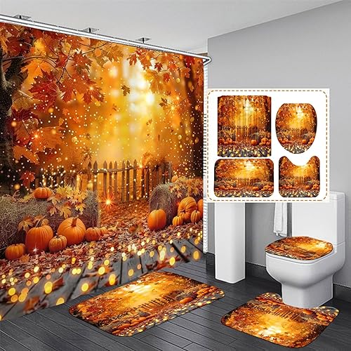 Miniatura 7 de Juego de 4 cortinas de ducha de otoño con alfombras, cubierta de tapa de inodoro y tapete de baño, cortina de ducha de otoño con 12 ganchos, cortina