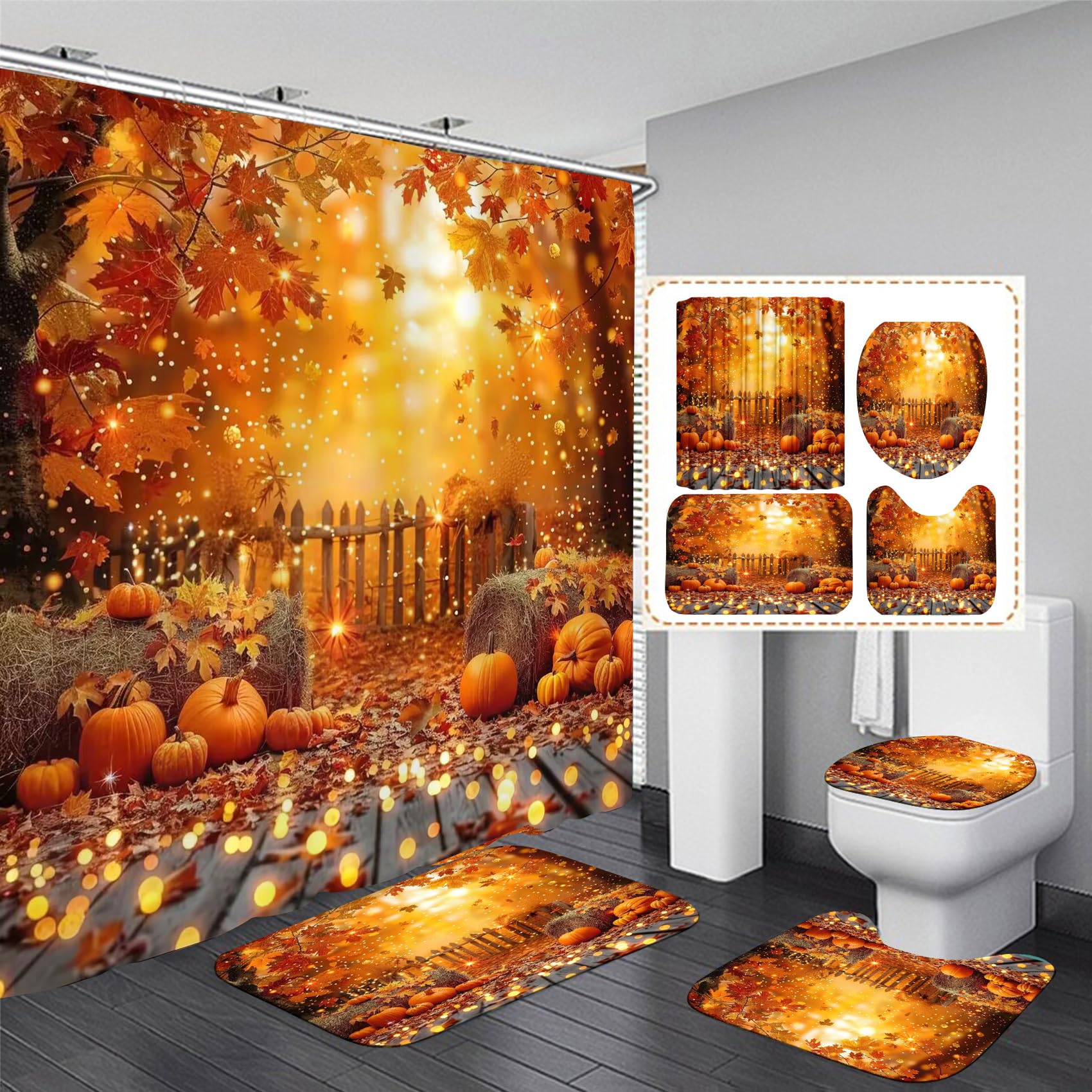 4PCS Thanksgiving Shower Curtain Bathroom Sets with Rugs, Toilet Lid Cover and Bath Mat
