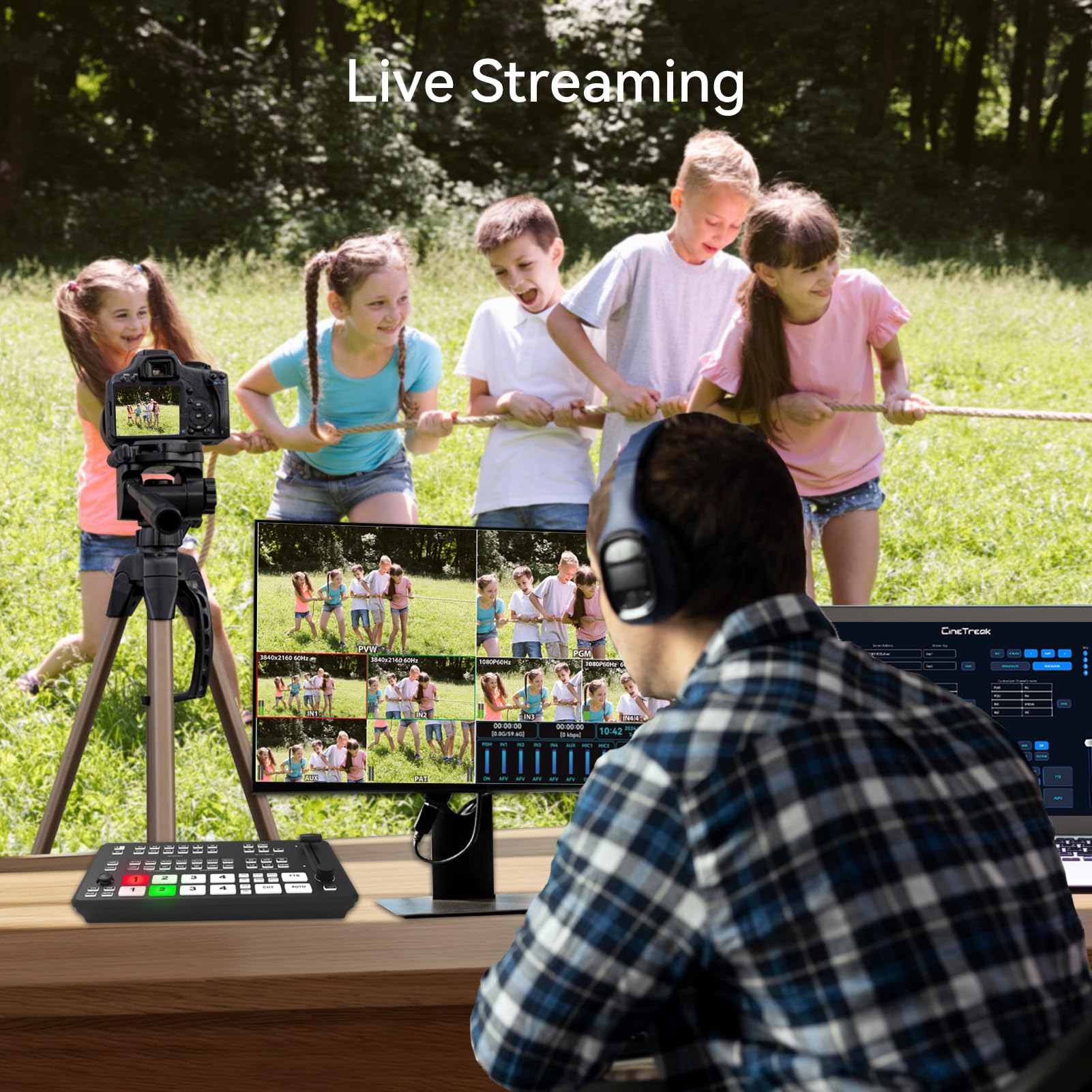 CINETREAK Stream 1 Live-Streaming Switcher 4 HDMI & AUX Eingänge, PTZ Steuerung, Dual RTMP Streaming, Chroma/Luma Key, Aufnahme & Wiedergabe sowie Landschafts- & Hochformat-Streaming (NDI Updatefähig)