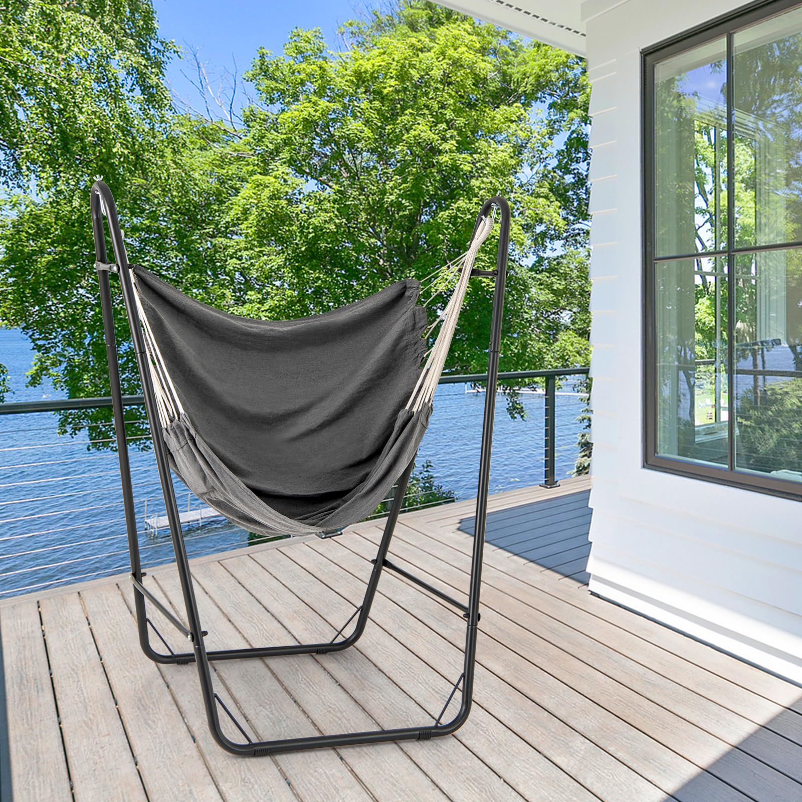 COSTWAY Silla Hamaca con Soporte, Silla Colgante con Estructura Metálica y Bolsillo de Almacenamiento Lateral, Carga de 120 kg, Hamaca Columpio Interior Exterior para Salón Dormitorio Patio