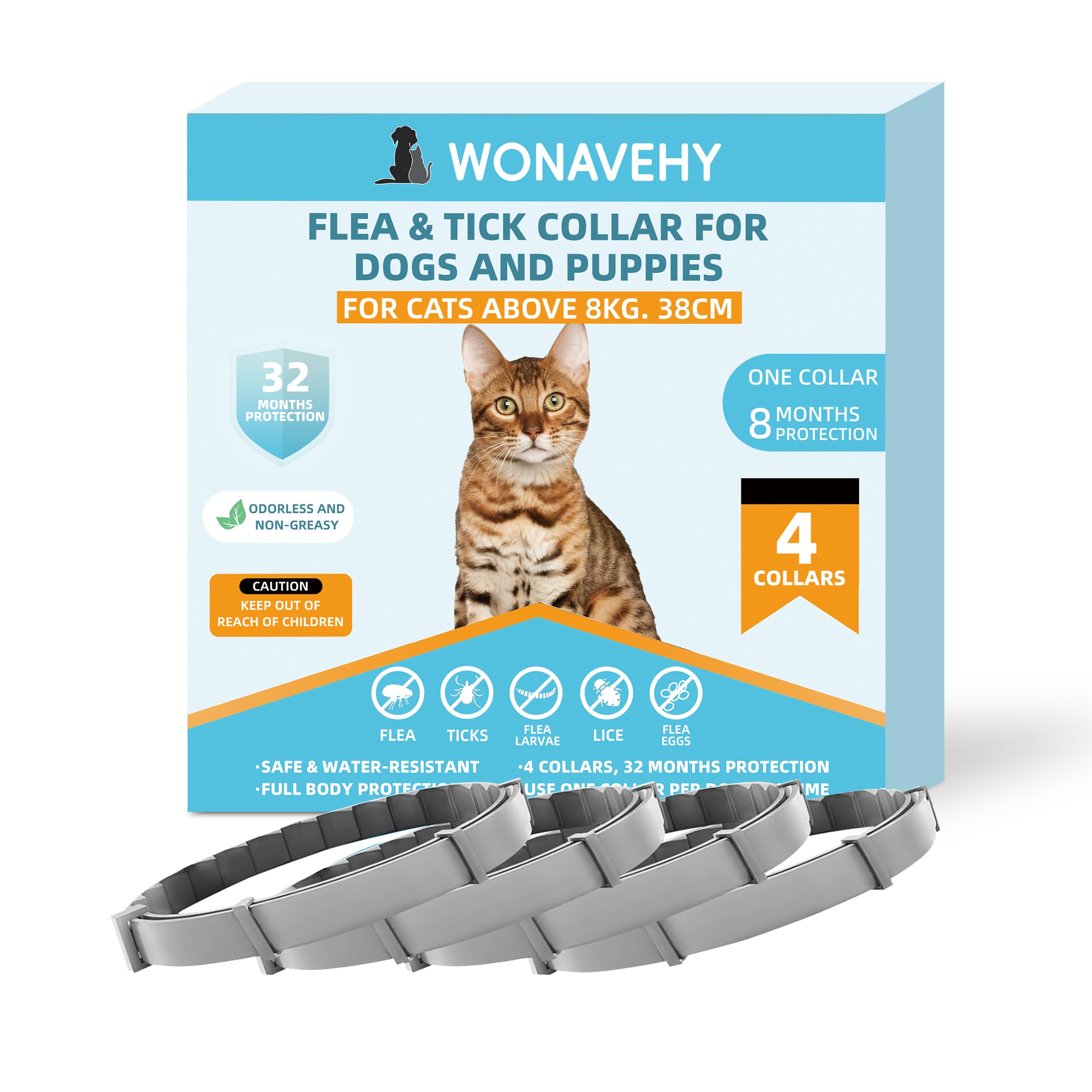 4 Collares antiparasitarios para Perros y Gatos, 38CM 8 Meses de protección, Collar antipulgas para Perros y Gatos, Ajustable, Collar antipulgas para Todos los Perros y Gatos Dog Cats