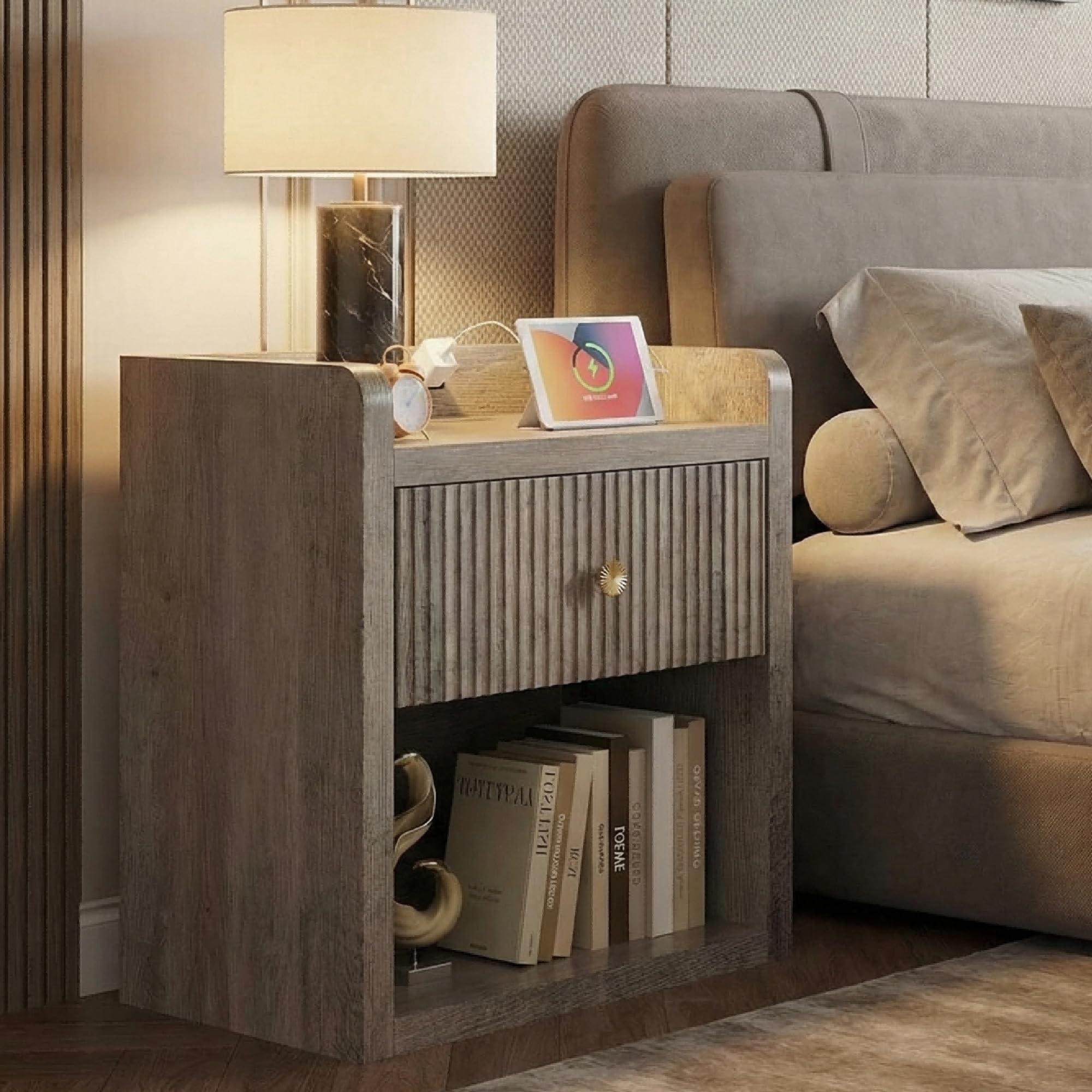 IRONCK Nightstand with Charging Station, 26.5" Tall Large Night Stand, Wood Fluted End Table with Drawer and Shelf, 22.8" Wide Side Table with Storage