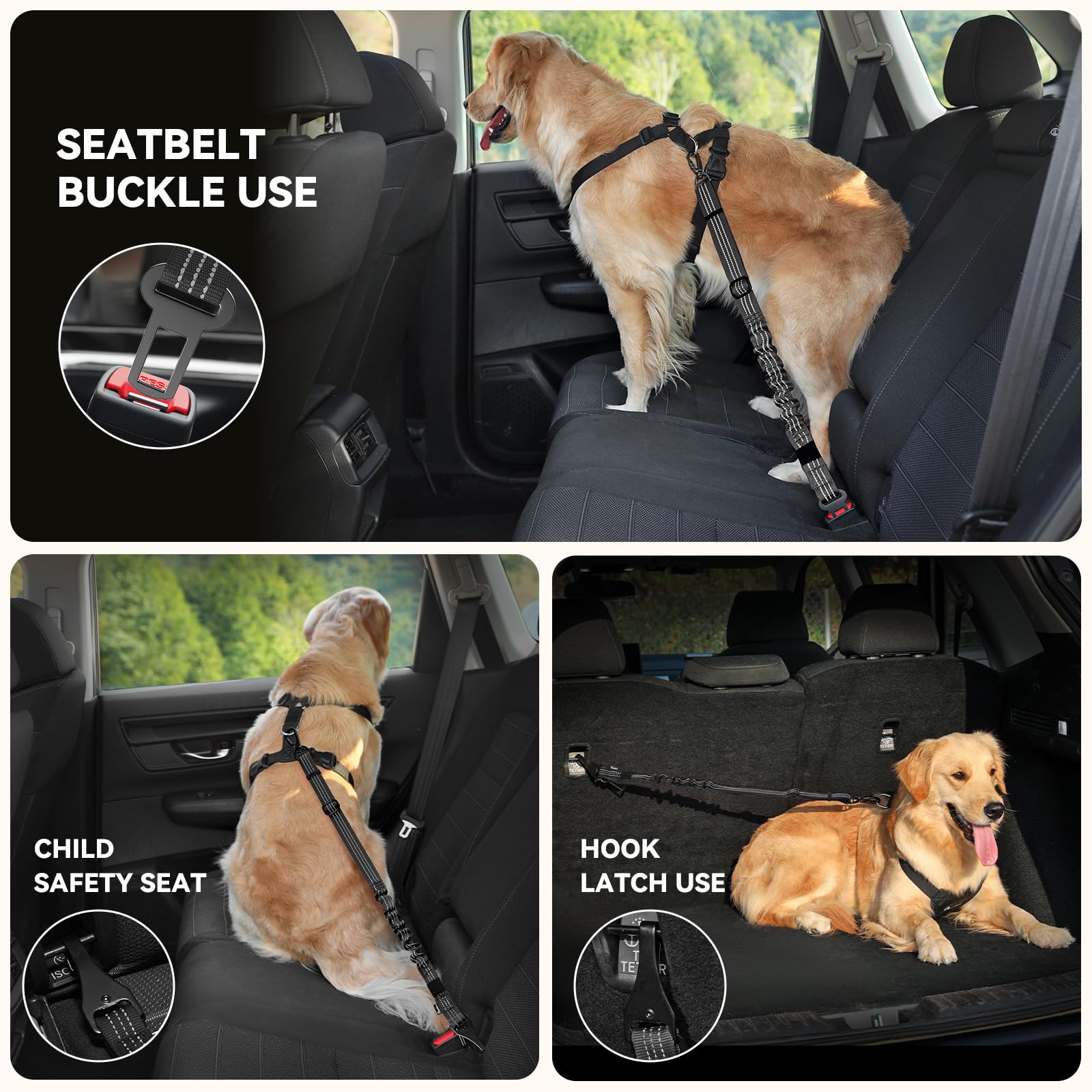 Pawaboo Dog Seat Belt Harness for Car, Dog Car Harness Seatbelt with Double Clips, Adjustable Breathable Pet Vest & Dogs Safety Tether with Elastic Bungee for Small Medium Large Pet, L, Black - image 4