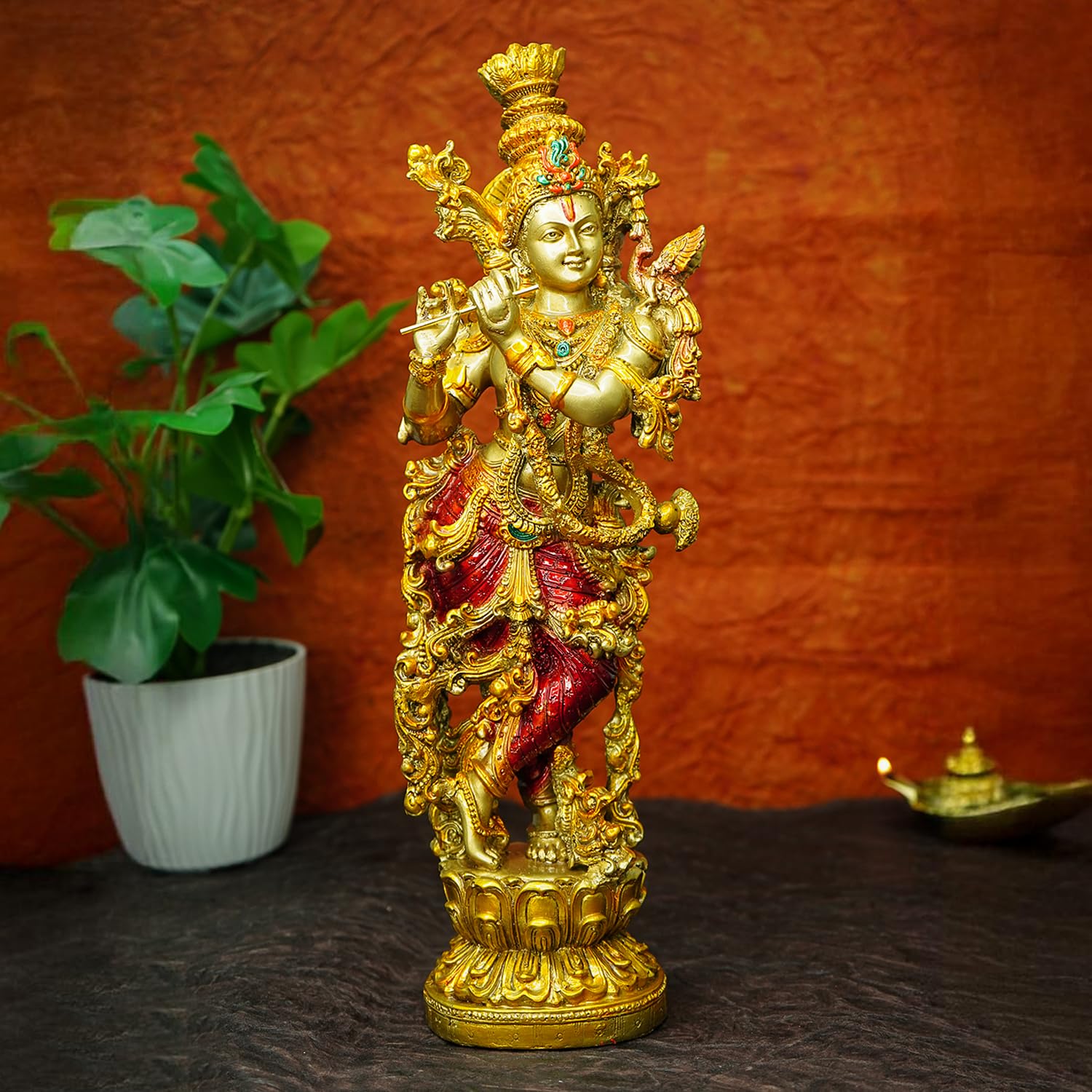 Marble Dust Lord Krishna Idol with Flute (14 inch, Big Size) | Colorful Gold Shree Lord Krishna Statue for Home Decor | Resin Kanha Ji ki Murti | Sri Krishna Idols for Gift-image-21