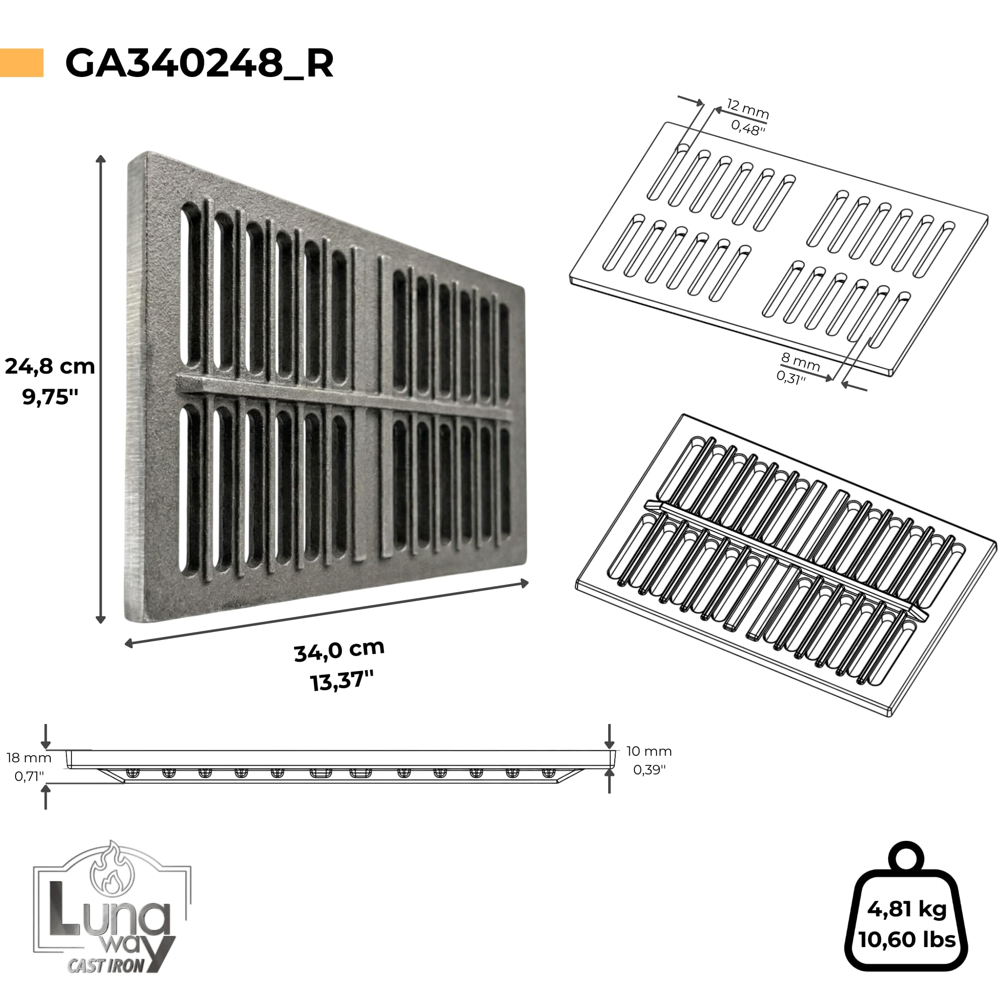 34 x 24,8 x 1 cm - Griglia in ghisa per raccolta cenere | Migliora il Tiraggio | Resistente ad Alte Temperature | Pulizia facile e sicura | Profilo centrale di rinforzo spessore 1,8 cm