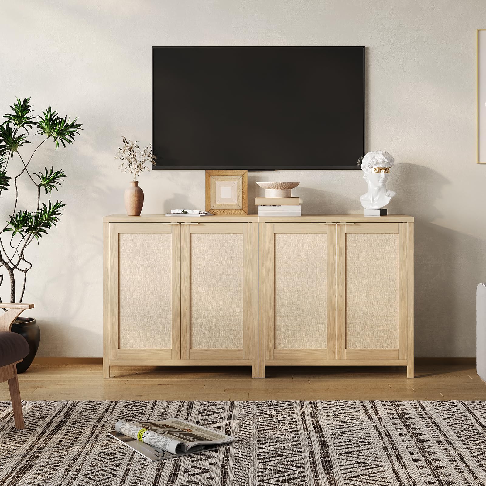 Aparador Mimbre 87cm Madera con Estantes Ajustables para Comedor y Cocina | Gabinete buffet moderno equipado con puertas y tiradores metálicos elegantes