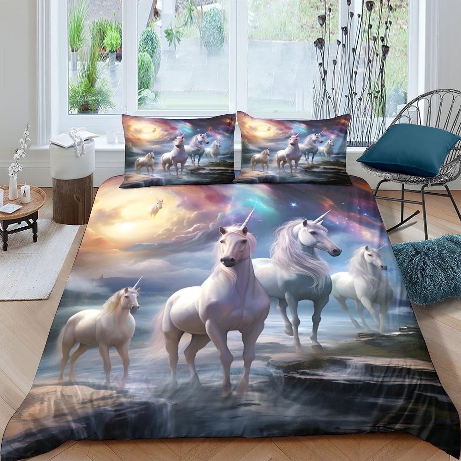 Ctjqhvkz Style-9 3D Printed Fantasy Unicorn Fitted Sheet Microfiber Soft Bedroom Decor Dream Sky Mattress Cover For Home Dorm Single（135X200cm）