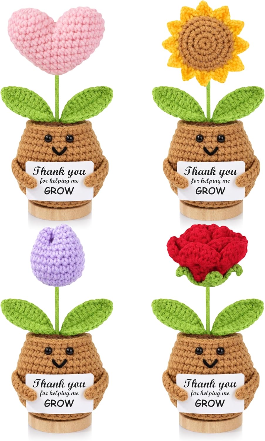 DOGMEM 4PCS Teacher Appreciation Gifts, Emotional Support Handmade Crochet Sunflower Gifts for Teacher, Teachers Day, Thank You for Helping Me Grow for Nurse Boss Friend Women