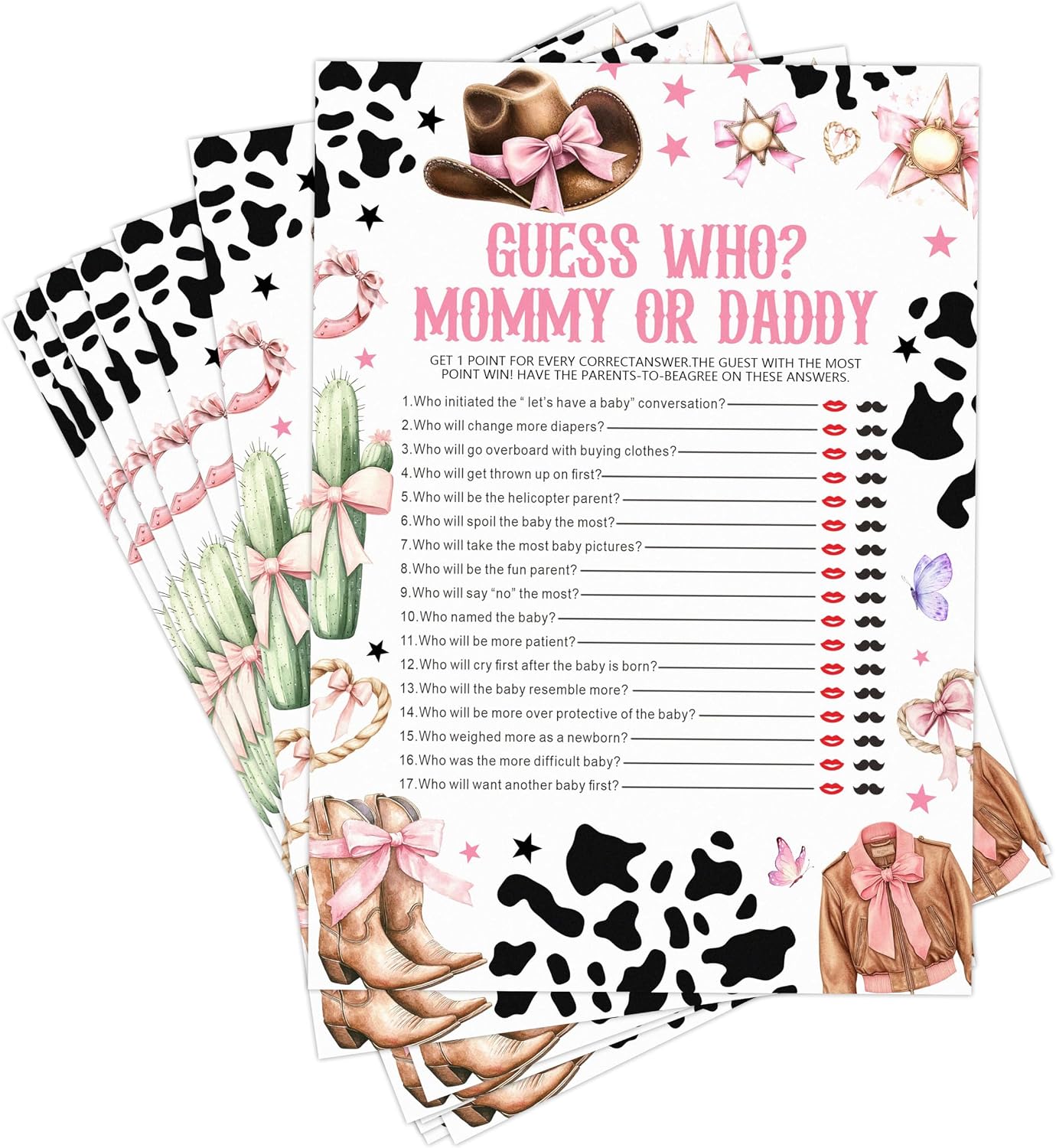 Mommy Or Daddy Western Cowgirl Baby Shower Game Set - 30 Pcs Double-sided Print Cards - Gender Neutral Party Activities Favor & Supplies - Baby Shower Game For Girl - B06