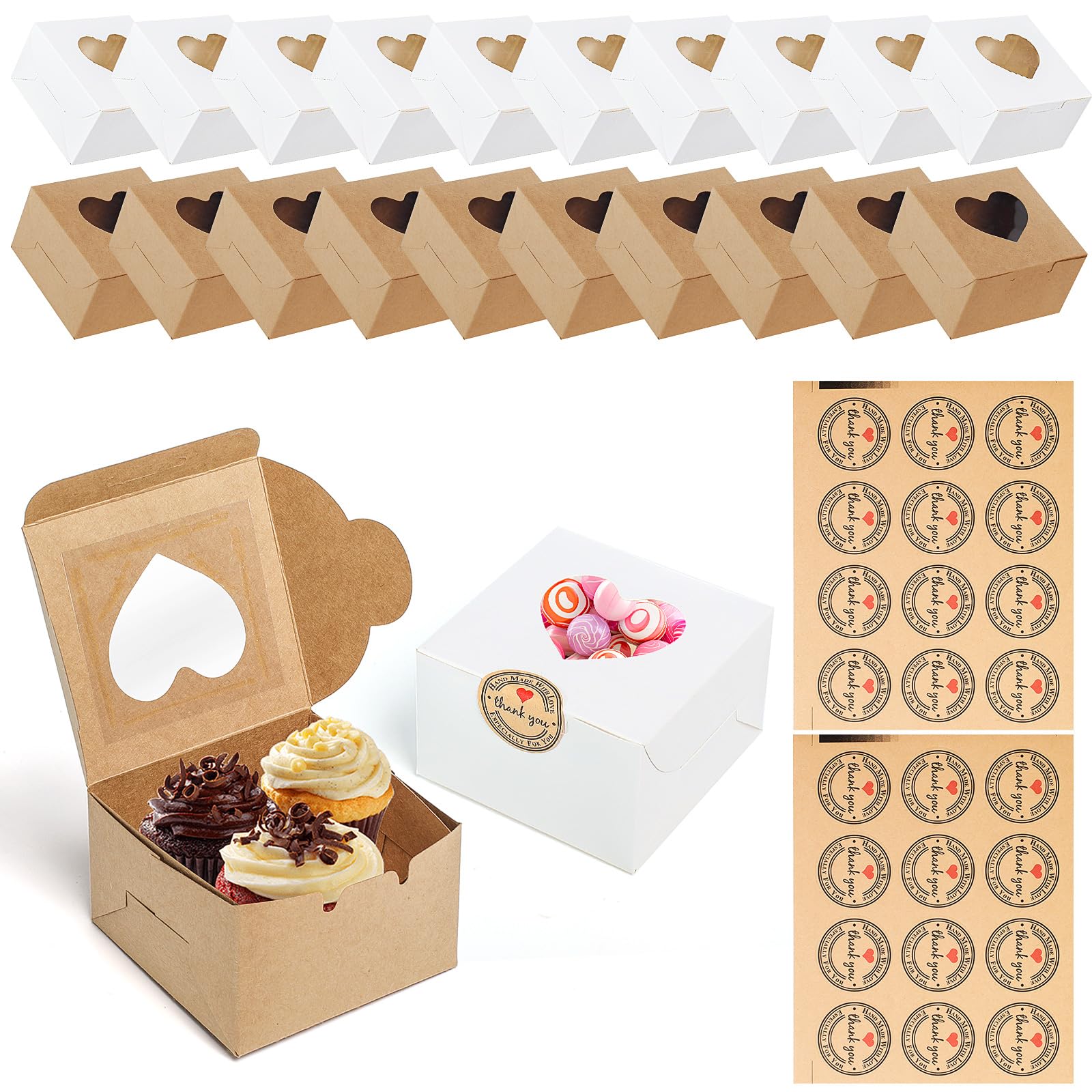 TAIXING 20 Pcs Individual Cupcake Boxes, 4 Inch Brown/White Small Cake Boxes with Heart Shape Clear Window