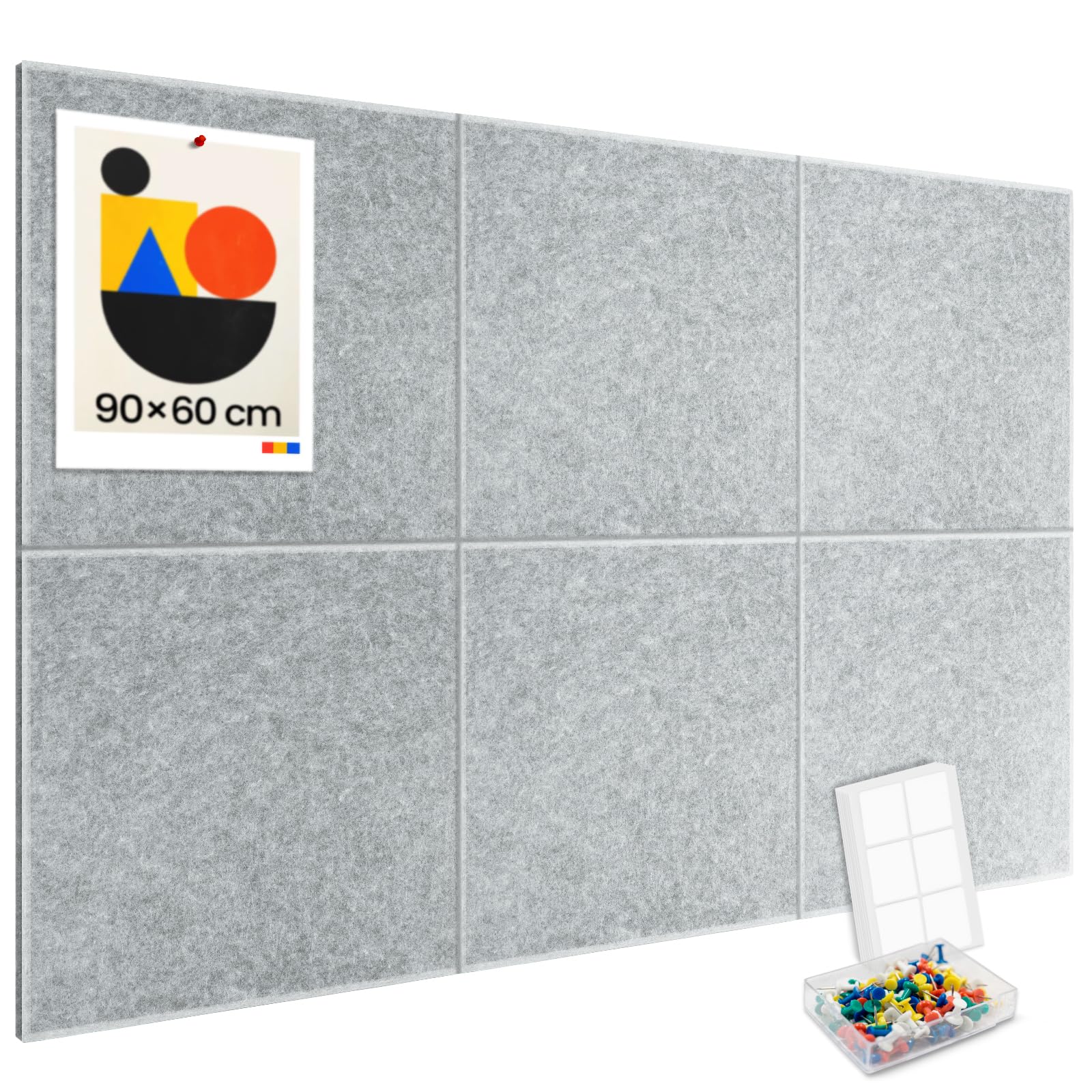 Lot de 6 tableaux d'affichage en feutre autocollant 90 x 60 cm gris clair avec 30 punaises