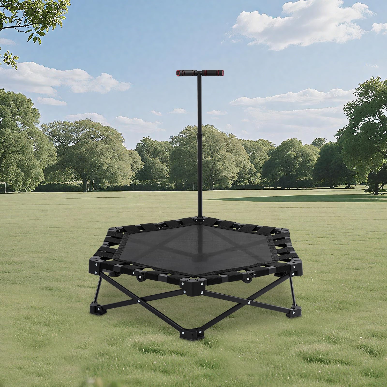 Składana mini trampolina fitness, dla dorosłych Ø 107 cm, 3 regulowane stopnie uchwytu, nośność 150 kg, stabilna i cicha (20 dB), do użytku wewnątrz i na zewnątrz
