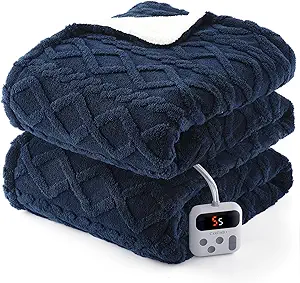 CAROMIO Electric Blanket Twin Size - Thick Tufted Sherpa Heated Blanket Twin with 10 Heating Levels and 10 Time Settings, ETL Certified Machine Washable Fast Heating Blanket Twin 62"×84", Navy Blue
