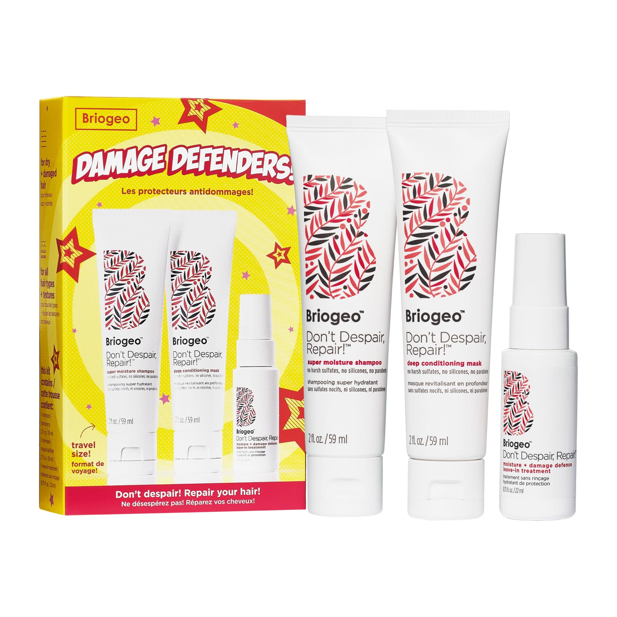 BriogeoDamage Defenders - Super Moisture Shampoo for Damaged Hair + Deep Conditioning Hair Mask + Don’t Despair, Repair!™ Moisture + Damage Defense Leave-In Hair Treatment