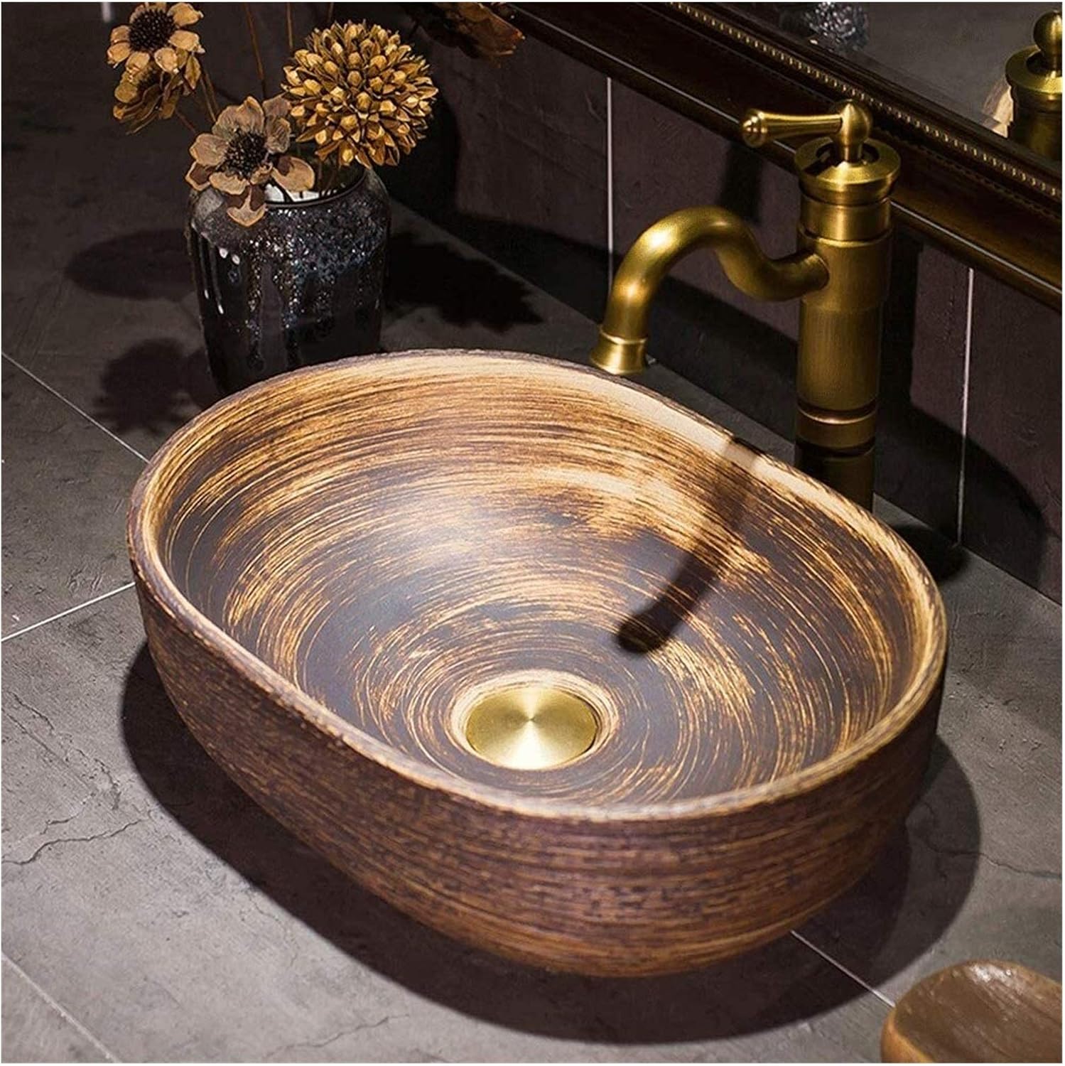 バスルーム洗面器容器シンクカウンタートップ洗面器、カウンター上16インチバスルーム容器シンクヴィンテージレトロブロンズブラッシュパタ