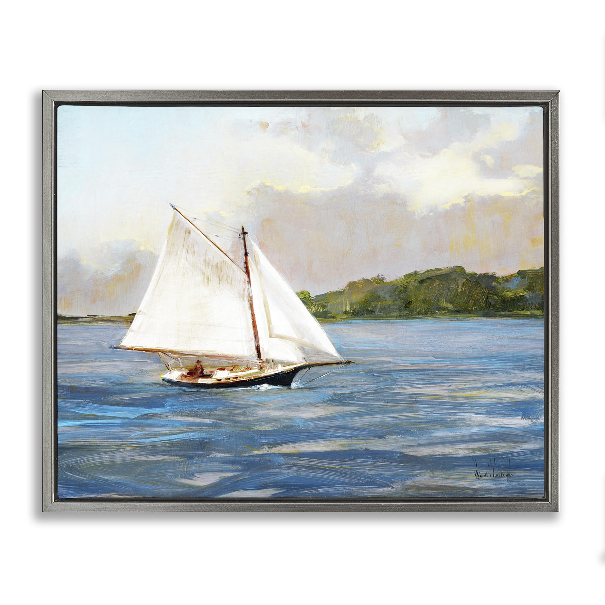 Stupell Industries 'White Sailboat on Calm Blue Sea', Floating Frame Canvas Art, Gray, 21 x 17 Inches, Easy to Hang and Sturdy, Made in USA, by Katie Swatland