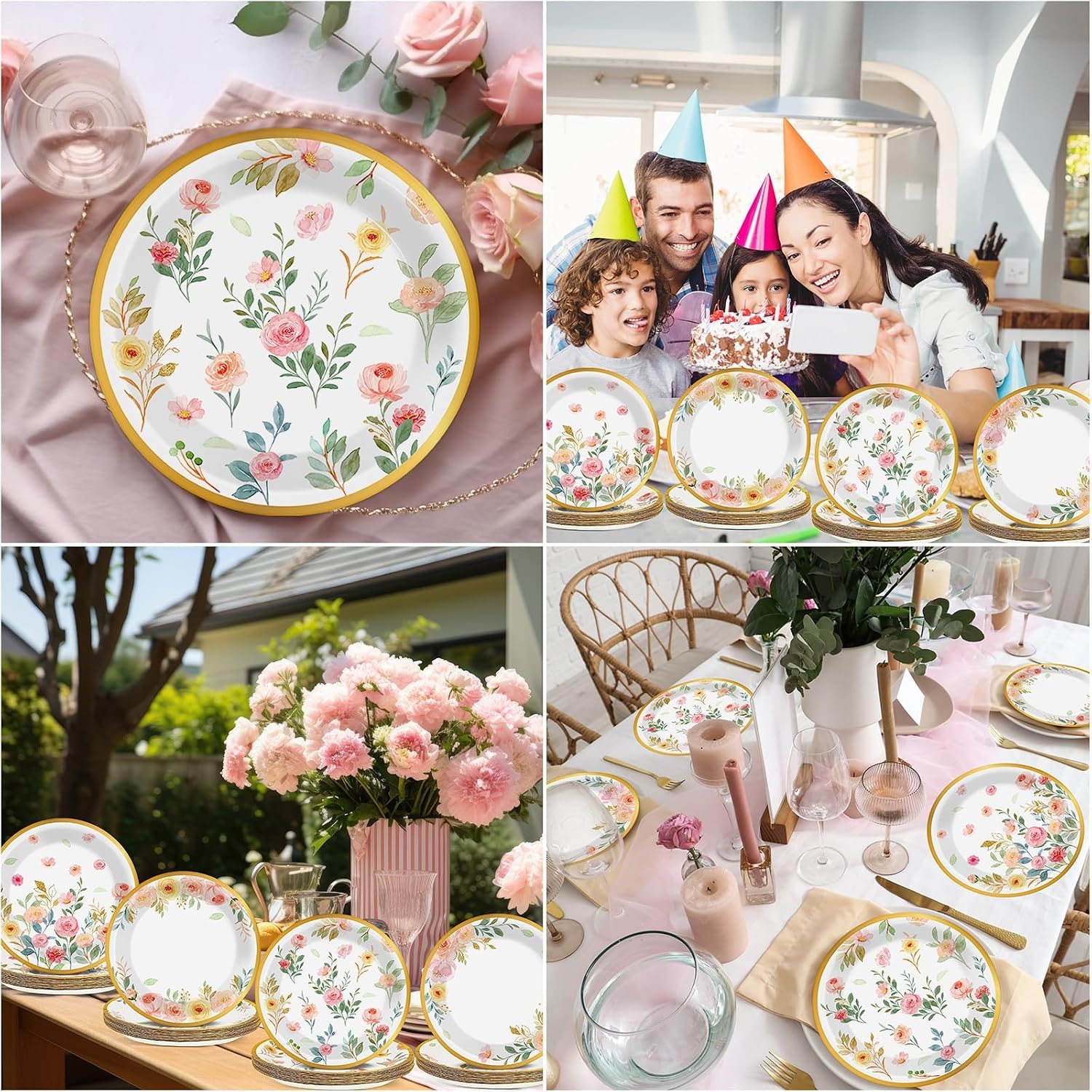 Naozinebi 48Pcs Floral Paper Plates Birthday Decorations 7 Inches Easter Disposable Dinner Plates Gold Foil Flower Spring Party Set for Wedding Bridal Shower Tea Party Birthday Decor Supply