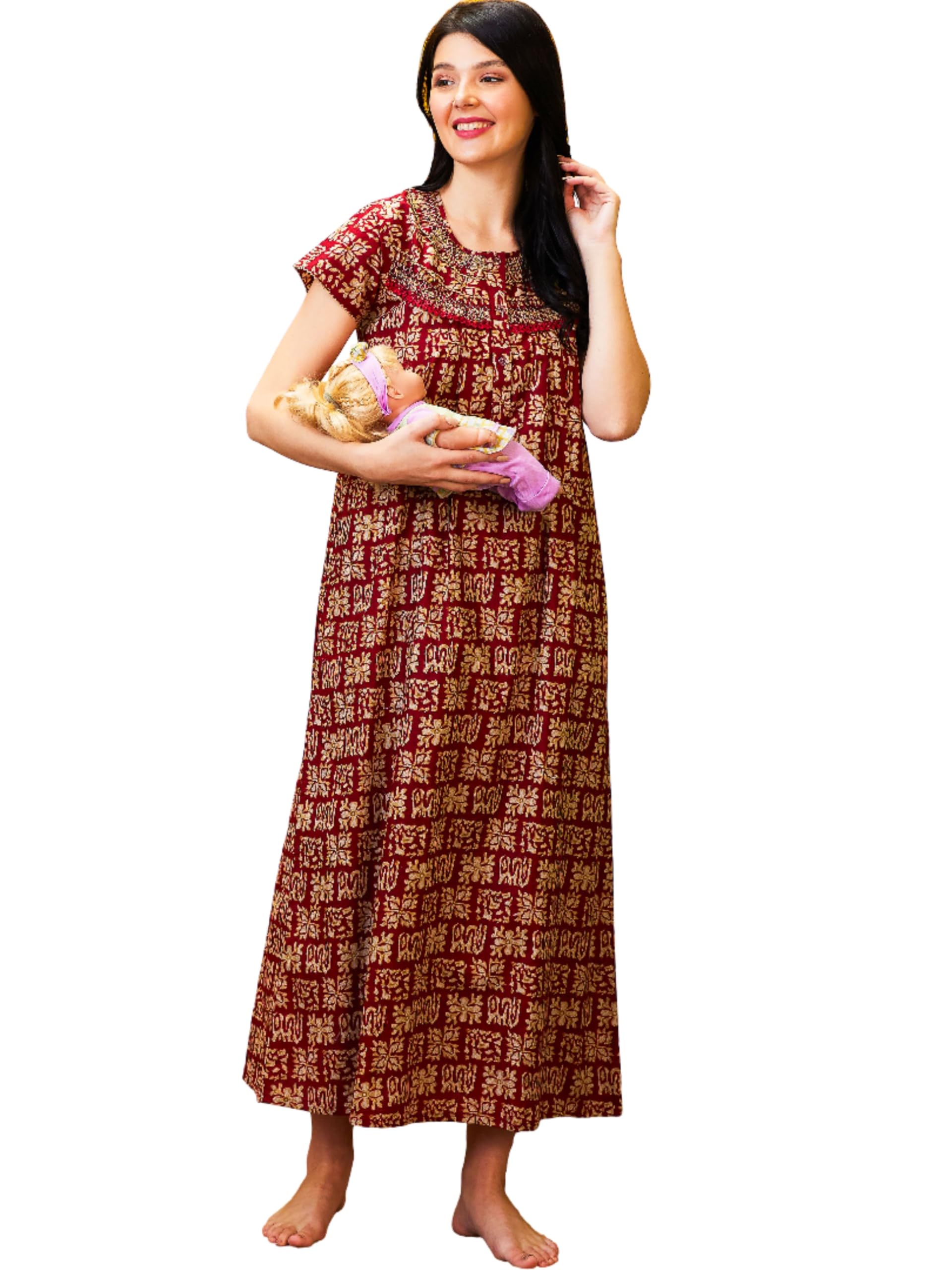 av2 Cotton Women Printed Maxi Maternity Feeding Nighty-picture-40