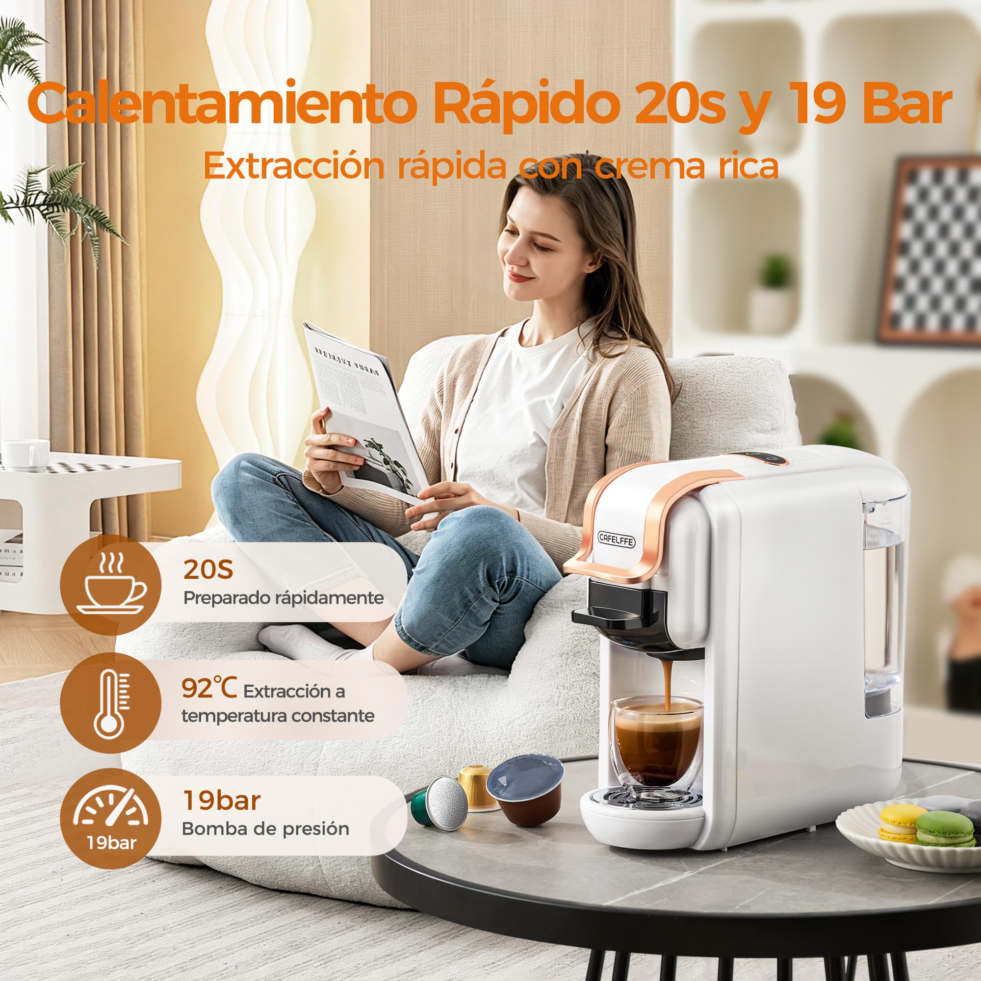 CAFELFFE MK-603 Cafetera de Cápsulas 4 en 1 Caliente/Frío Máquina de Café Expreso de una porción Individual Compatible con ESE Pods, Nes Original/DG Cápsulas y Café Molido Preparación Rápida Blanco