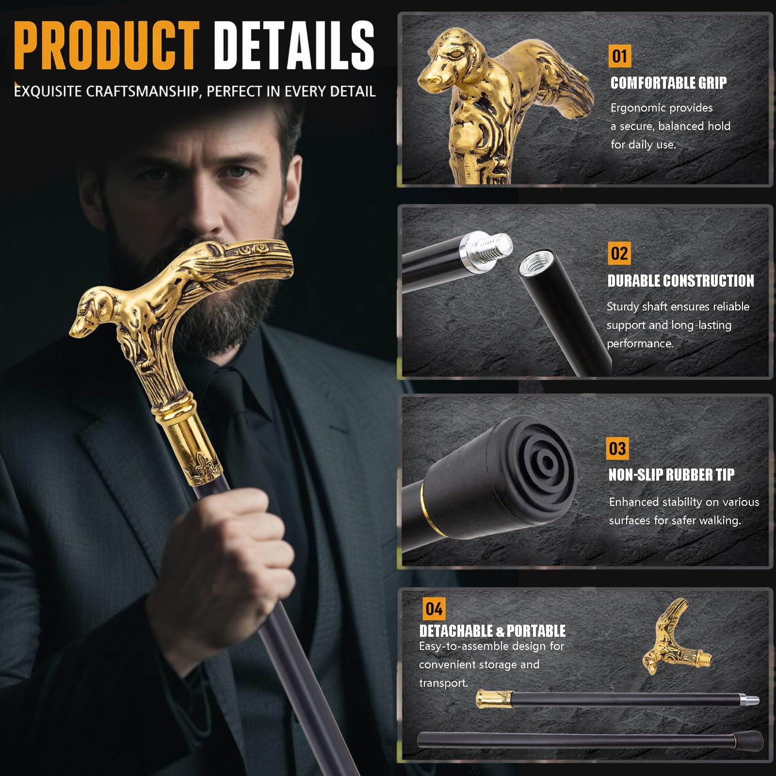 Bastón de 93 cm para Hombres, Mujeres y Personas Mayores - Capacidad de 113 kg, Mango Ergonómico Golden Dog, Bastón Plegable de Acero Hecho a Mano