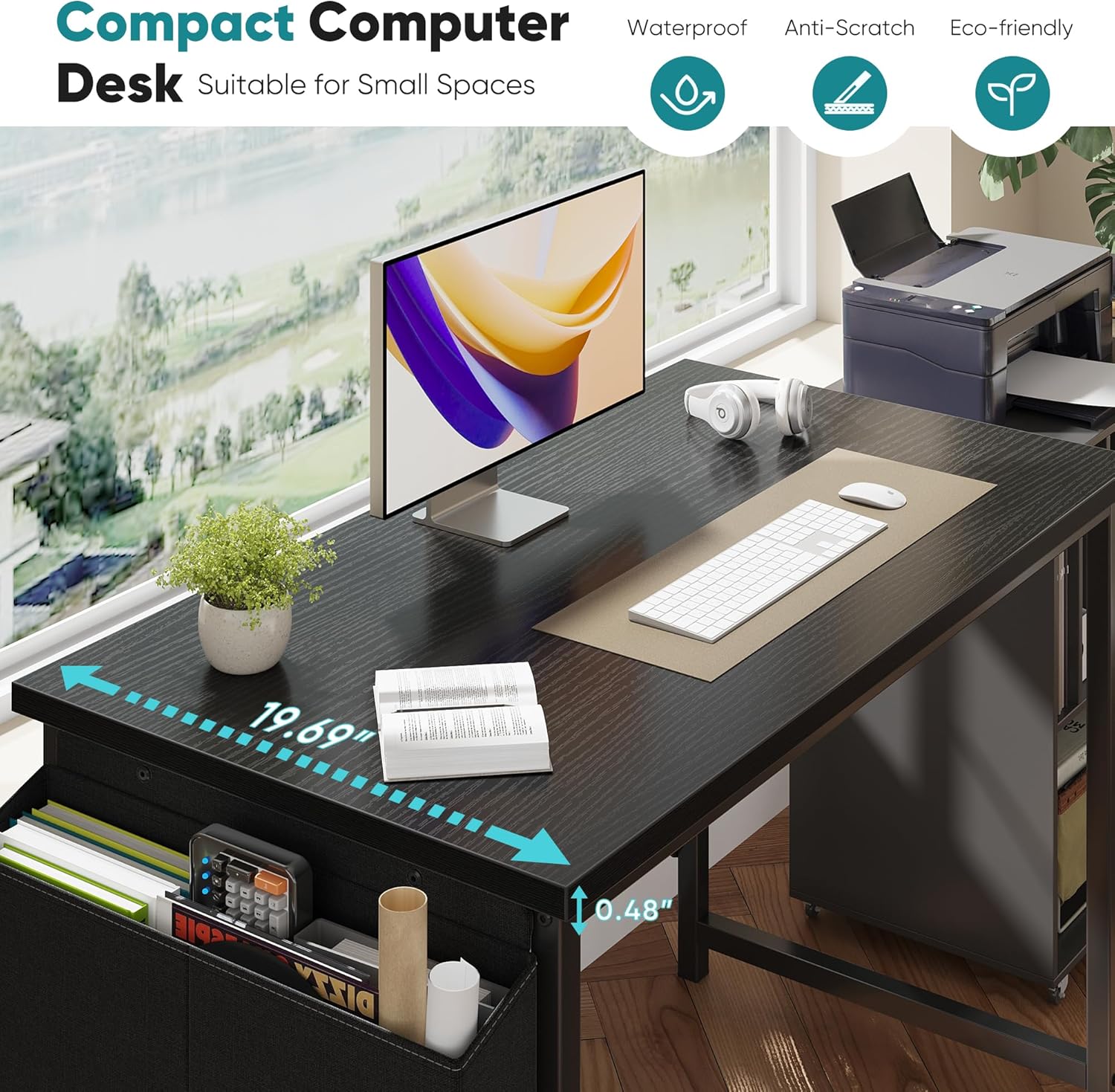 OLIXIS Computer Desk 44 Inch Home Office Desks for Small Spaces, Gaming Writing Study Work Table with Storage Bag and Headphone Hook for Bedroom, Black