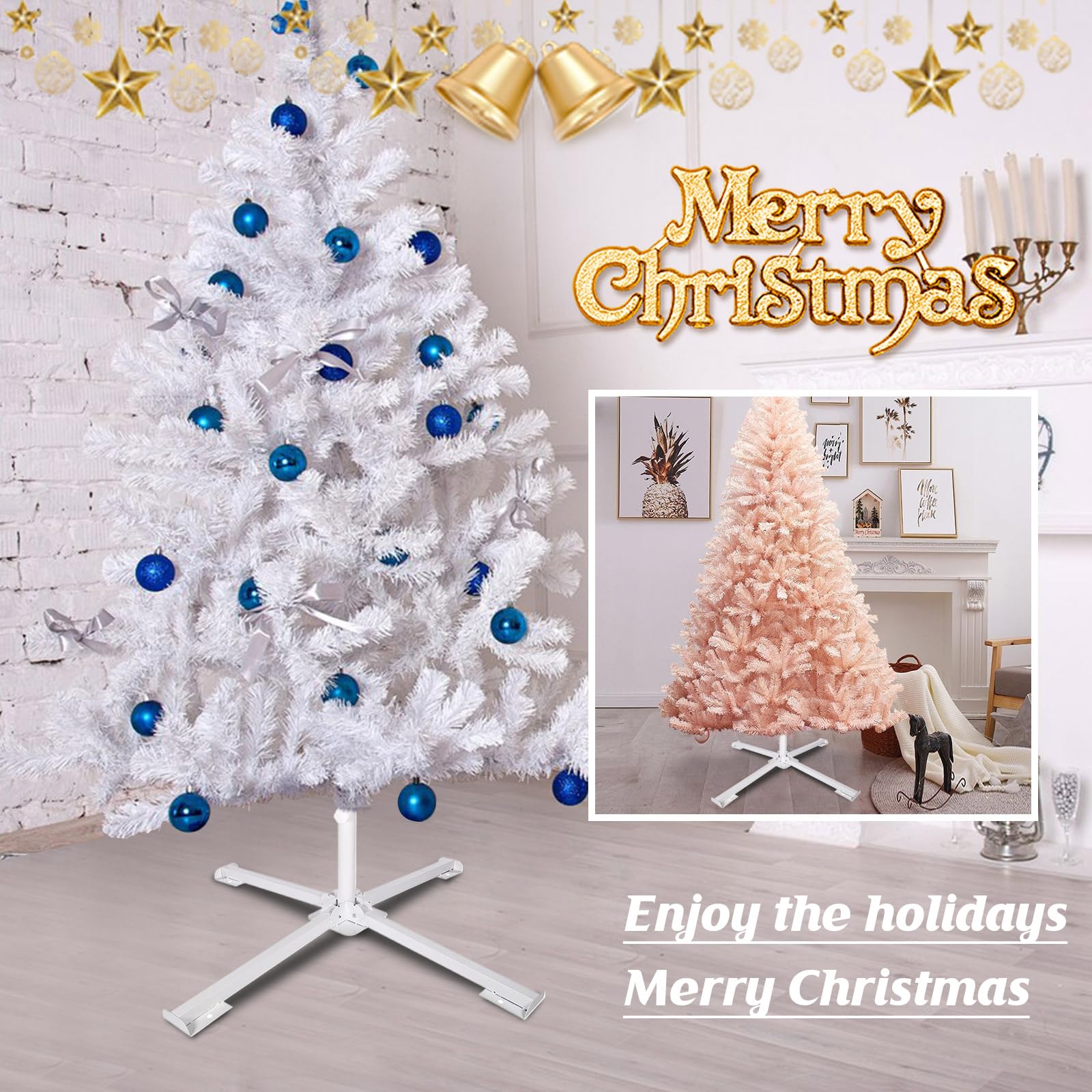 MaxAwe Base pliable pour sapin de Noël en métal pour arbres artificiels de 1,8 à 3 m, support de base en croix blanche robuste pour décoration de fête à la maison (3,2 cm de diamètre)