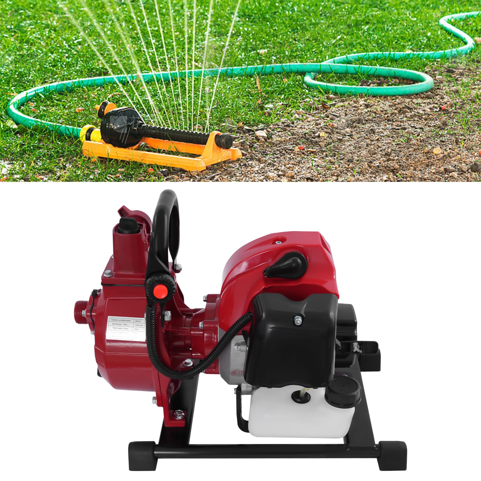 Pompa dell'acqua a benzina a 2 tempi, 1 pollice, con tubo di ingresso da 2 m, pompa dell'acqua portatile a benzina, 10 m ³/h e 30 m di altezza, pompa per acqua da giardino per riempimento