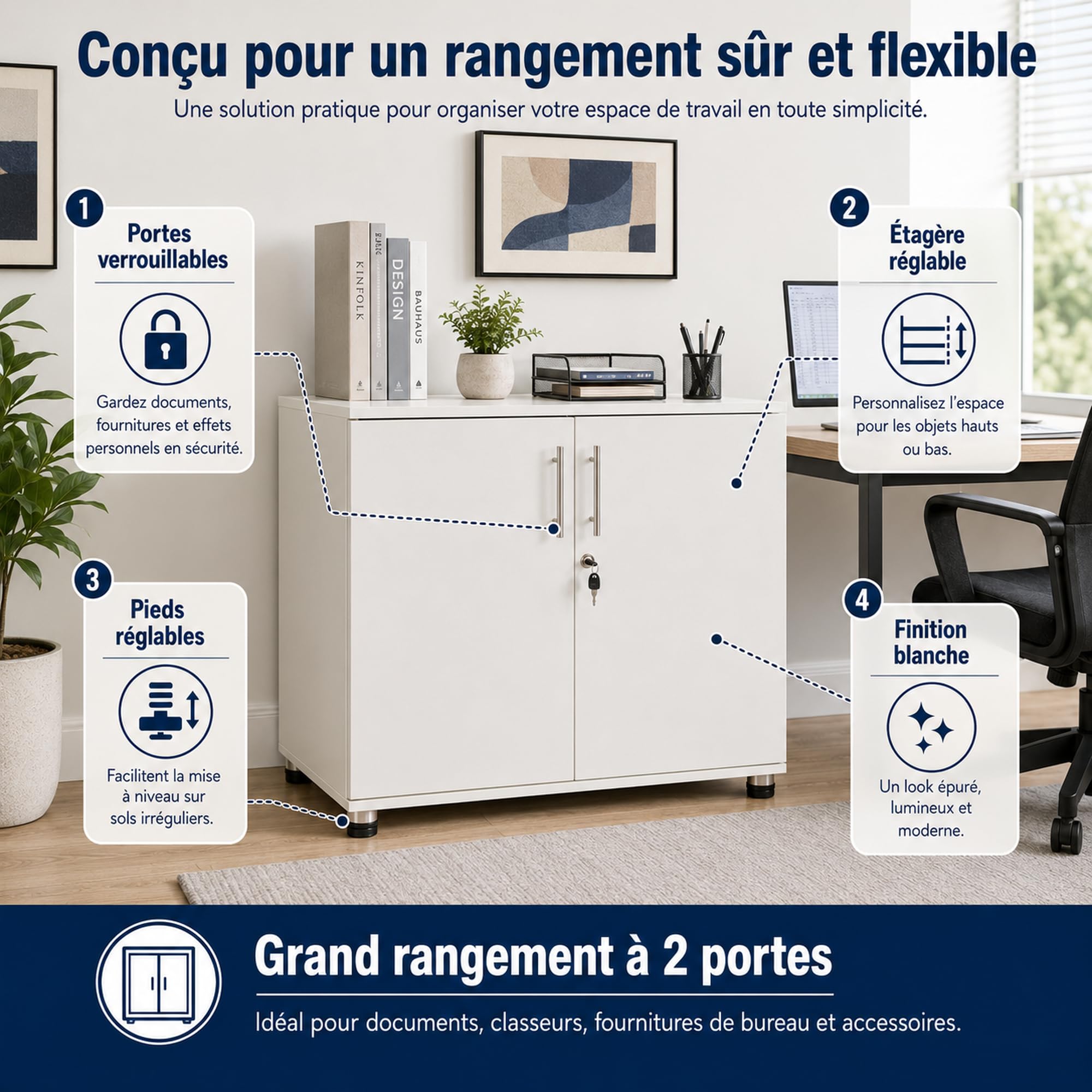 Armoire de Rangement de Bureau avec 2 Portes Blanc Hauteur 73 cm