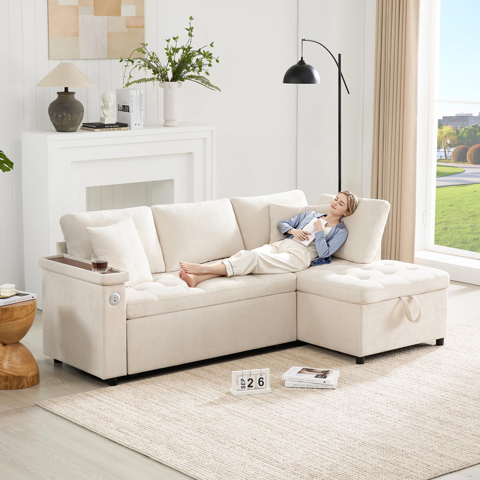 Couch mit Schlaffunktion, 3 Sitzer Ecksofa mit Schlaffunktion Überzug L Form Schlafsofa und 2 Kissen, Beige, L209 x B130 x H84 cm