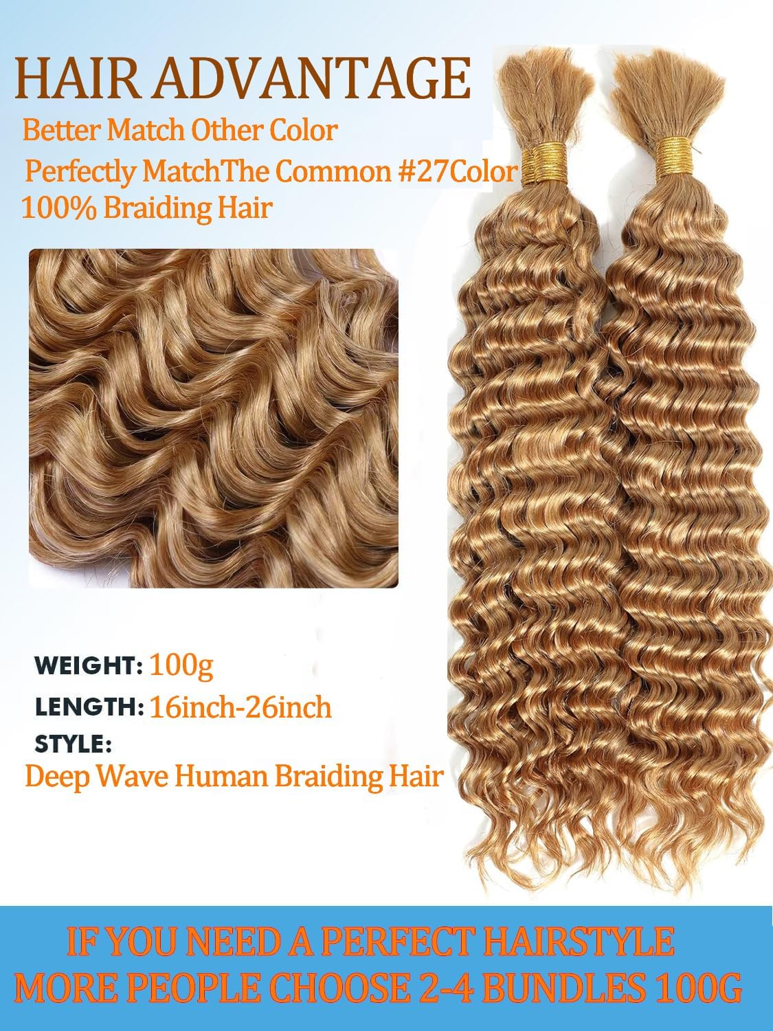 Human Braiding Hair for Boho Braids 12A Deep Water Wave Braiding Hair 100% Human Hair Unprocessed Brazilian Virgin Hair for 2 Bundles/Pack 100g Micro Braiding No Weft (27, 20Inch)