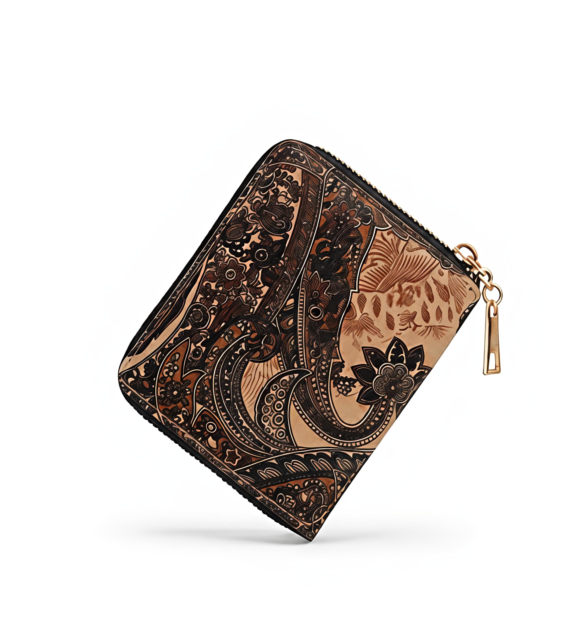 Women's Zip-Around Wallet, Tan Brown, Compact Card Holder & Coin Purse, Antique Black Floral Paisley Print-picture-15