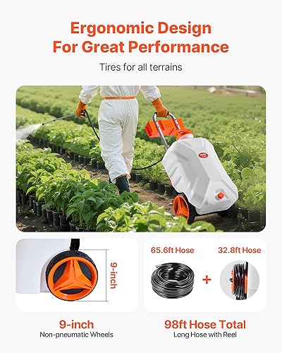 Miniatura 43 de VEVOR Pulverizador de malezas de jardín de 15 galones con carrito con ruedas, manguera de 126 pies con carrete, 8 boquillas, 2 varitas con gatillo