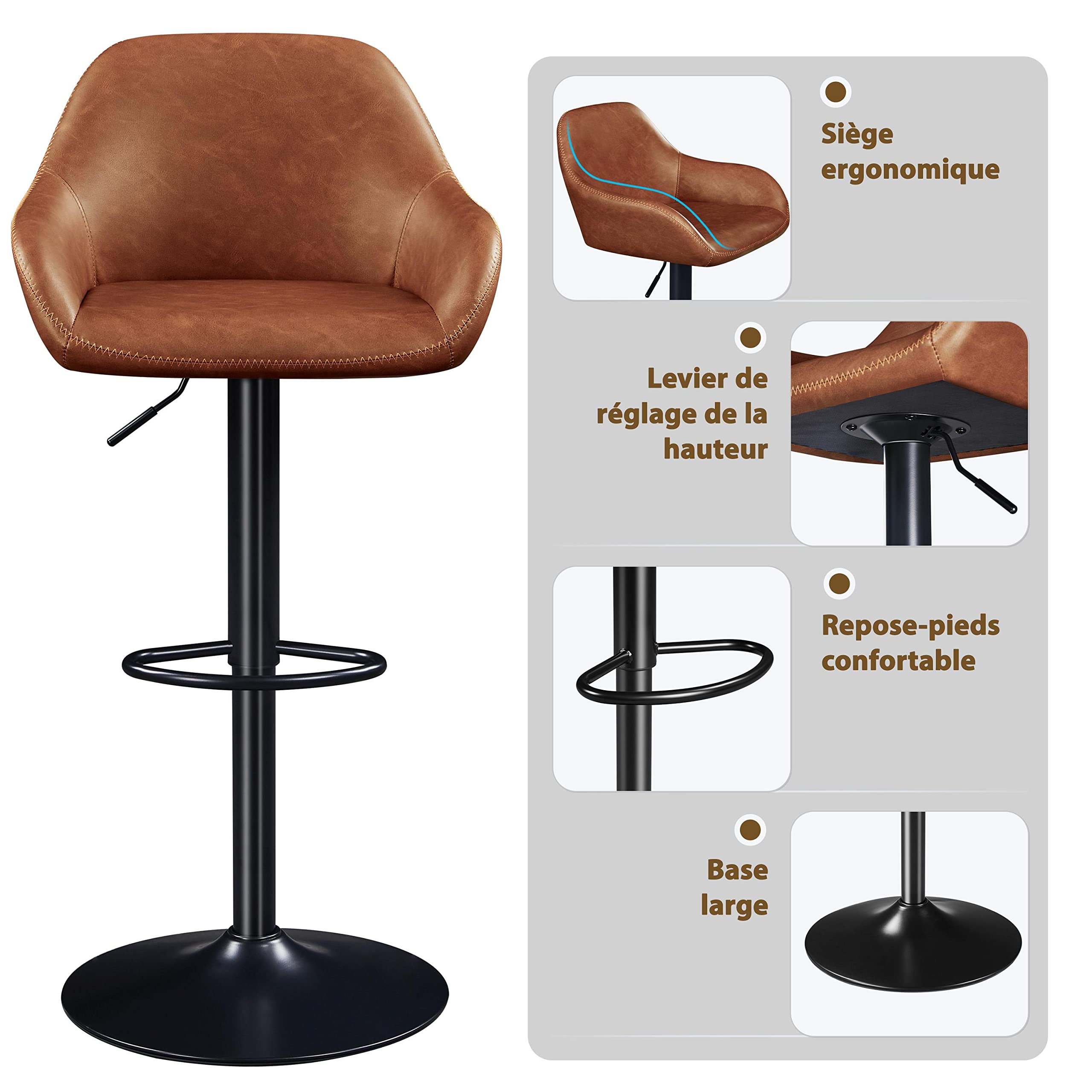 Yaheetech Tabourets de Bar Lot de 2 Pivotant Réglable en Hauteur Rotatif sur 360° Chaises de Bar avec Revêtement en Similicuir Tabourets Hauts avec Repose-Pieds Brun Rustique