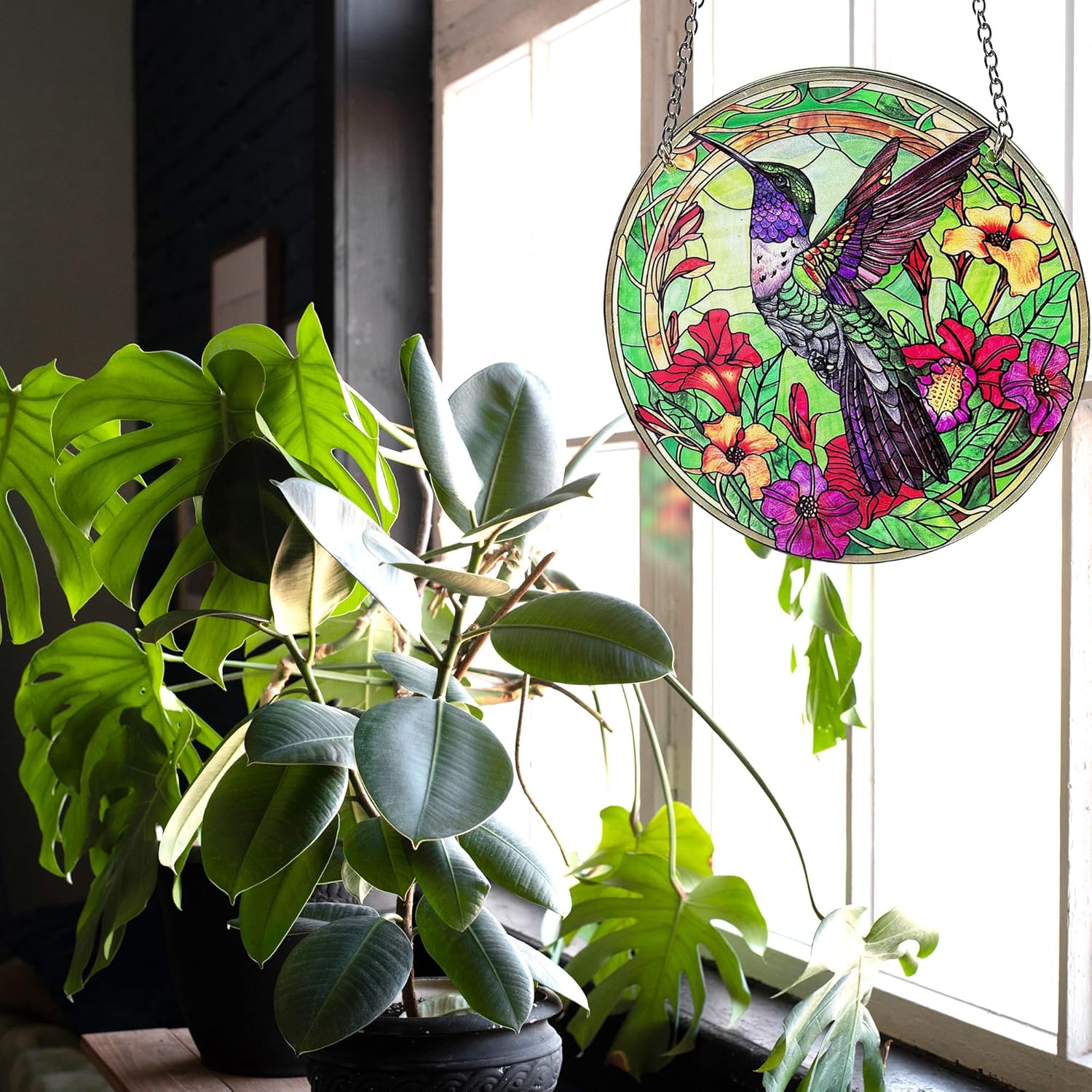 Hummingbird Stained Glass Decor for Women, Bird Lovers Suncatcher. Green Birds Art Walldecor.