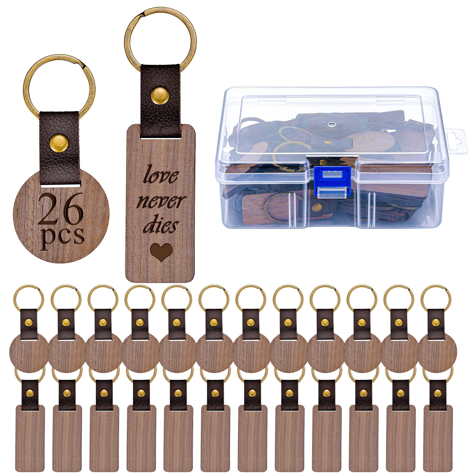 Filhome 26 Stück Personalisierte Holzschlüsselanhänger mit Schlüsselring für Lasergravur DIY Bemalen, Klassisch, Unisex, Braun