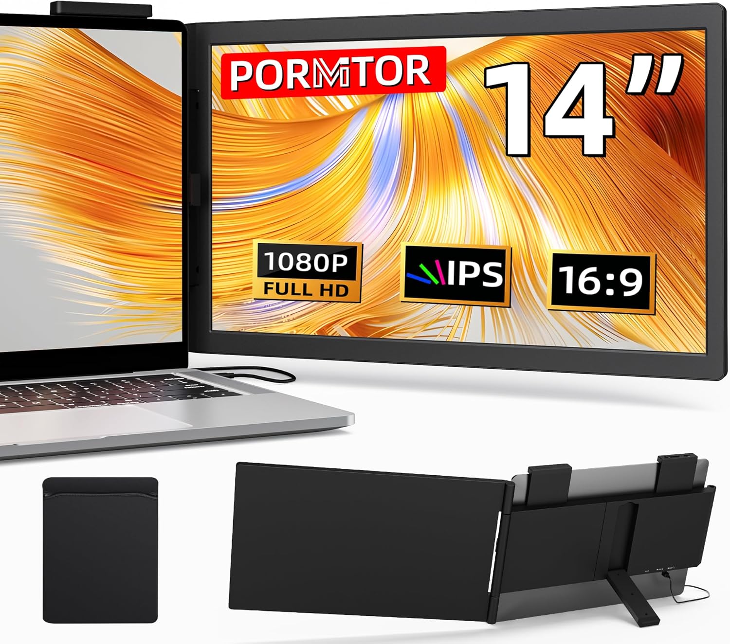 Laptop Screen Extender,14″ FHD IPS 1080P Portable Monitor for Laptop Mini HDMI/Type-C Laptop Monitor Extender Fits 14″-16.5″ Laptops,Plug & Play for Windows/Mac/Android/Switch/PS5