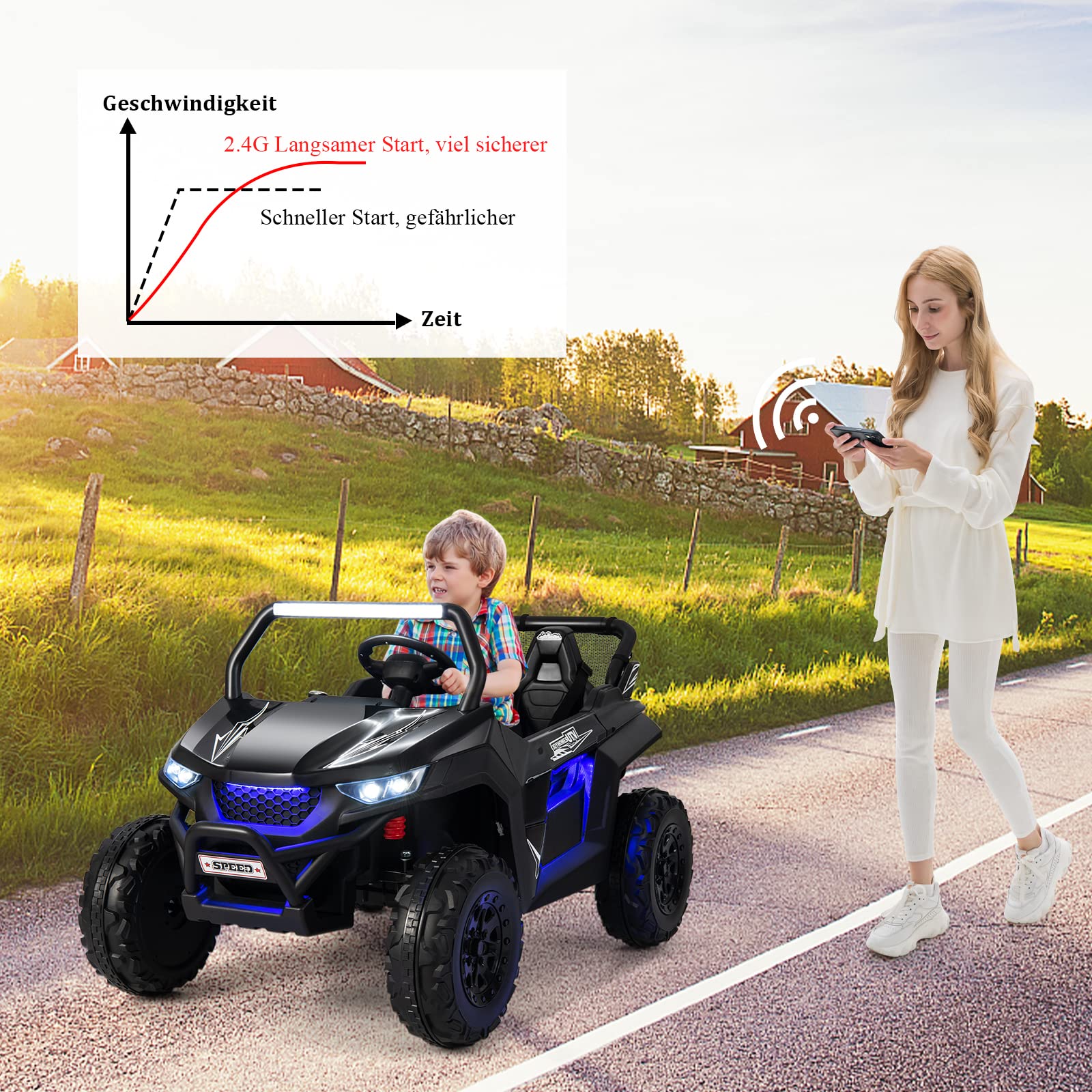 COSTWAY 2 Sitzer Kinderauto mit 2,4G Fernbedienung, 12V Kinder UTV mit Musik und Scheinwerfer, Elektro Auto 2-4 km/h, Elektroauto für Kinder ab 3 Jahren (Schwarz)