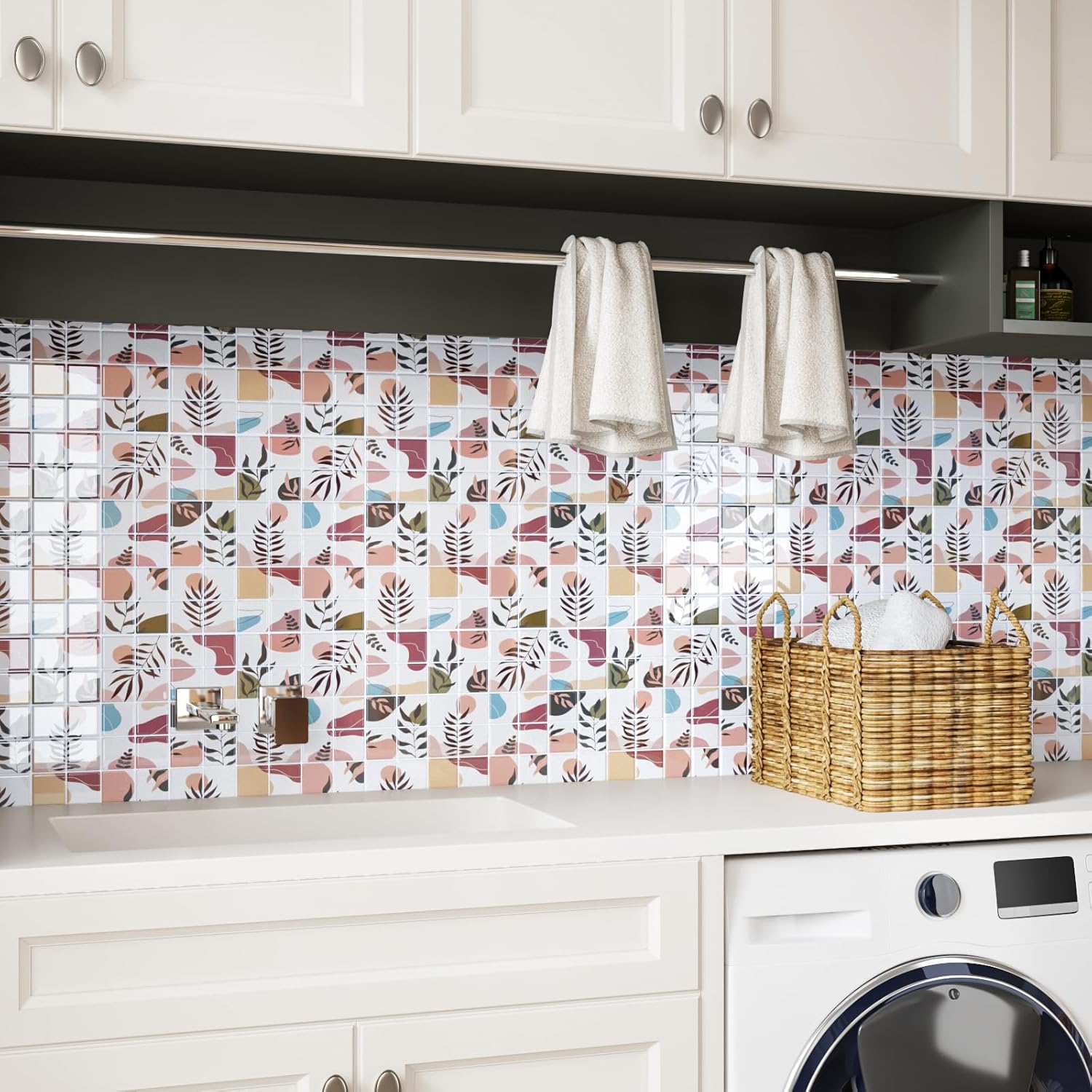 CRE8TIVE 16 Sheets Boho Peel and Stick Backsplash for Kitchen Back Splash Stick on Tiles for Bathroom Walls 12"x12" Geometric Leaf Small Square Mosaic Tile Waterproof Removable Backsplash for Renters