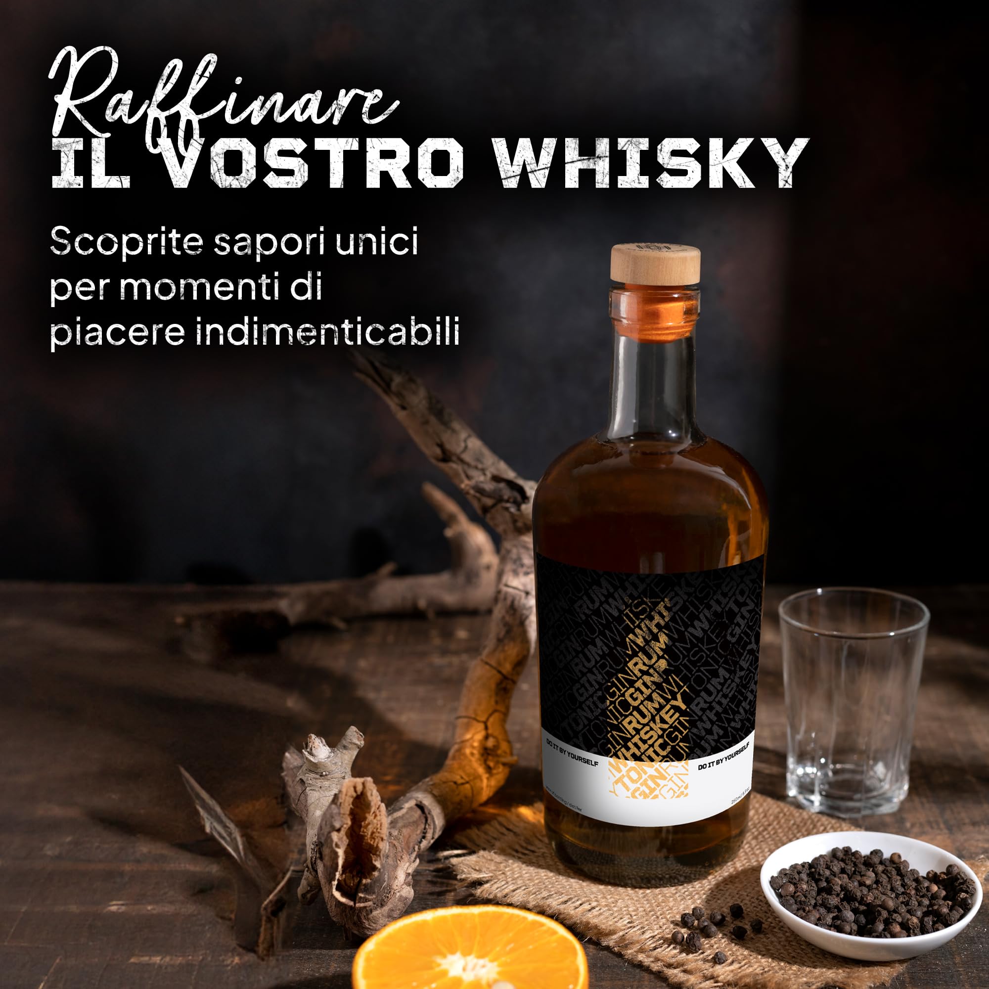 DIBYS Kit Whisky Fai-Da-Te con 12 Botaniche Naturali e Accessori (Bottiglia, Cubetto e altro ancora) Set regalo WHISKEY per amanti del Whisky Kit di infusione e degustazione con 4 ricette