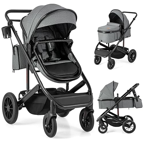 BABY JOY Cochecito de bebé convertible 2 en 1, paisaje alto con modo moisés, asiento reversible, toldo ajustable, soporte para tazas, bolsa de