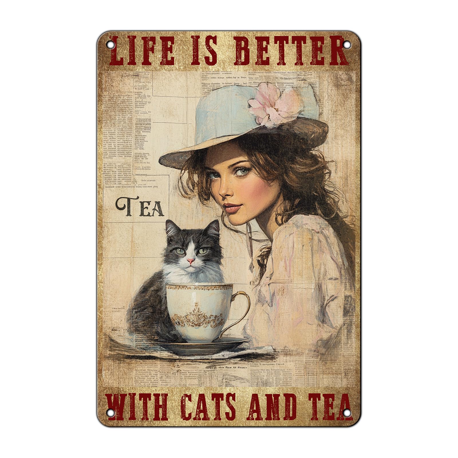 peiyeety Cat Tea Vintage Metal Sign Life is Better with Cats and Tea Funny Cat Sign Retro Metal Tin Sign Aluminum Sign for Home Coffee Bar Wall Decor 8x12 Inch