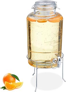 Relaxdays Dispensador de Bebidas con Soporte, Recipiente Limonada 8 L, Grifo, Cierre de Pinza, Cristal, Transparente