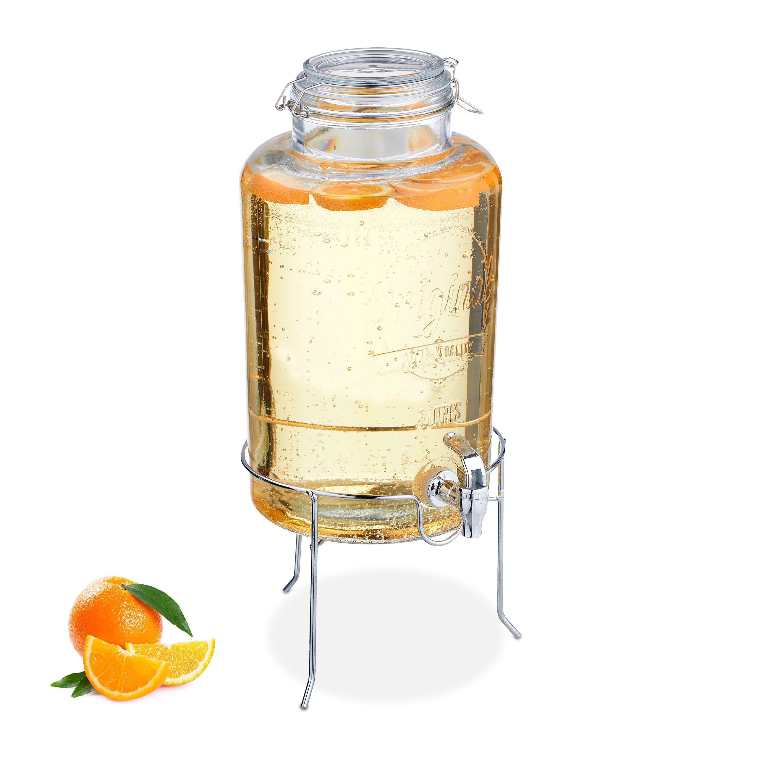 Relaxdays Dispensador de Bebidas con Soporte, Recipiente Limonada 8 L, Grifo, Cierre de Pinza, Cristal, Transparente