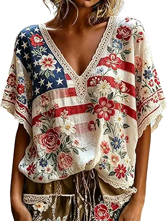 GOKKILRW 4th of July Women Boho Shirts Vintage Floral Lace V Neck Short Sleeve Lightweight Patriotic Blouses