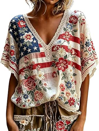 GOKKILRW 4th of July Women Boho Shirts Vintage Floral Lace V Neck Short Sleeve Lightweight Loose Patriotic Blouses