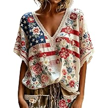 GOKKILRW 4th of July Women Boho Shirts Vintage Floral Lace V Neck USA Tops Short Sleeve Lightweight Loose Patriotic Blouses